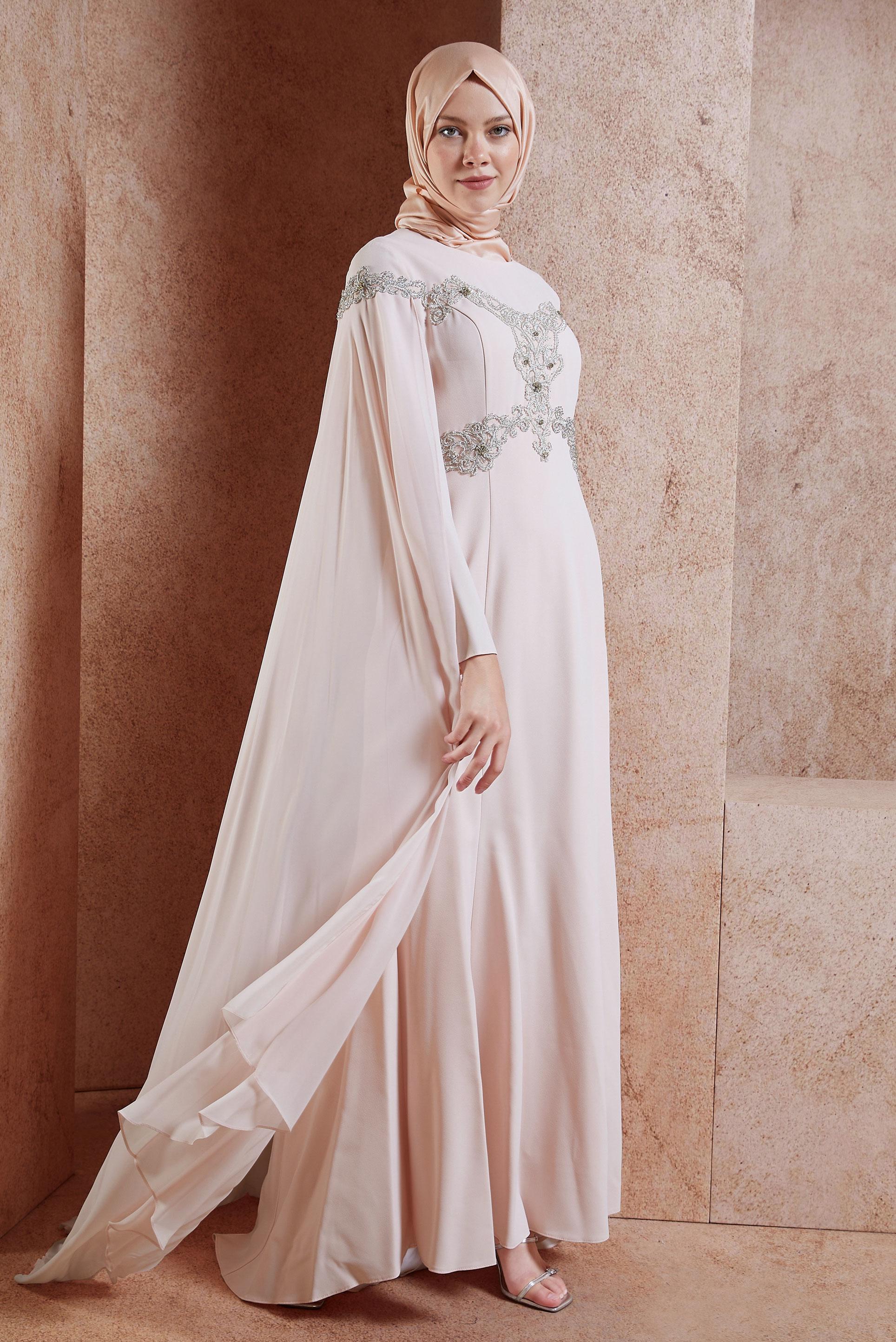 Tesettür giyim PUDRA İŞLEMELİ PELERİNLİ ABİYE ELBİSE 5555