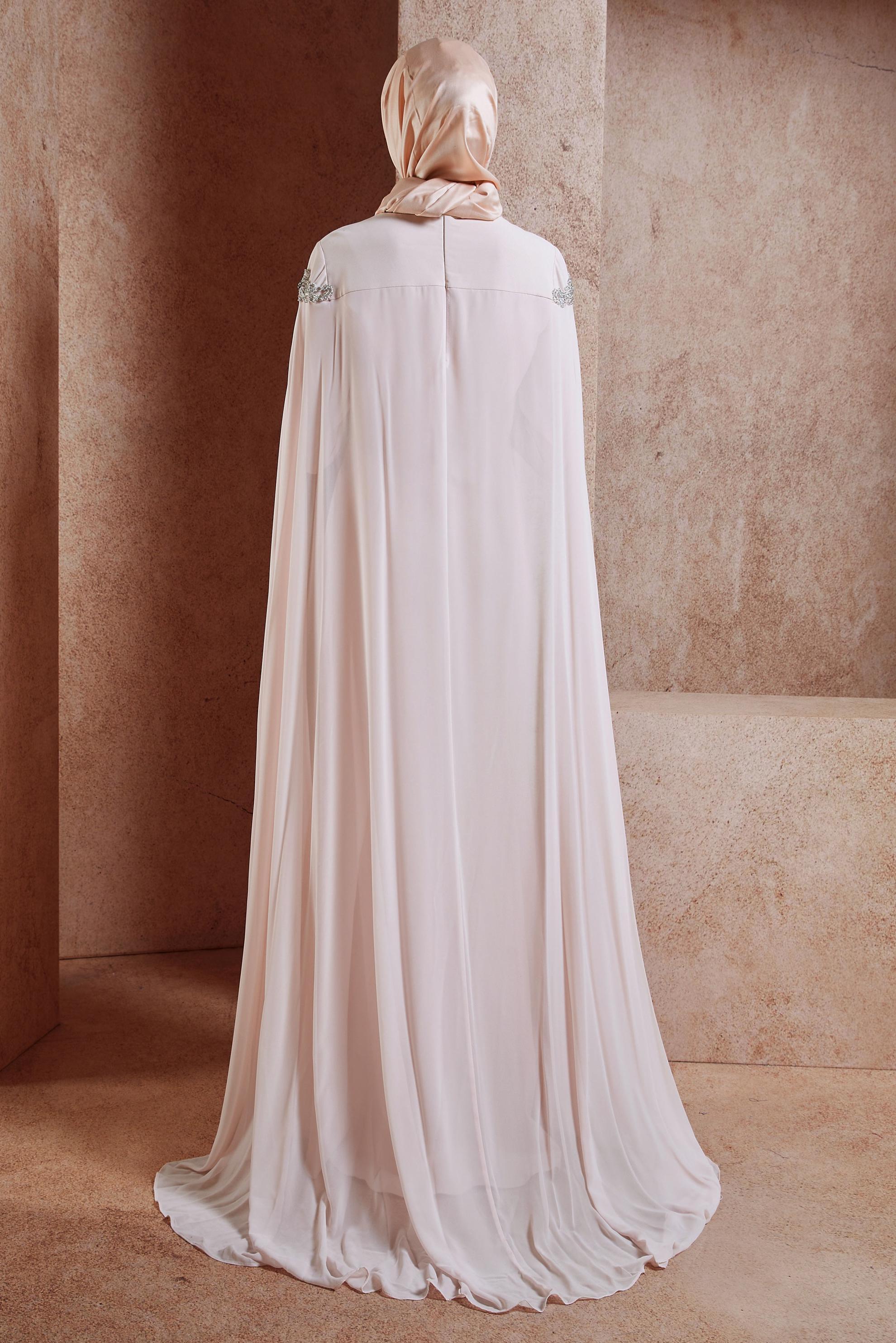 Tesettür giyim PUDRA İŞLEMELİ PELERİNLİ ABİYE ELBİSE 5555