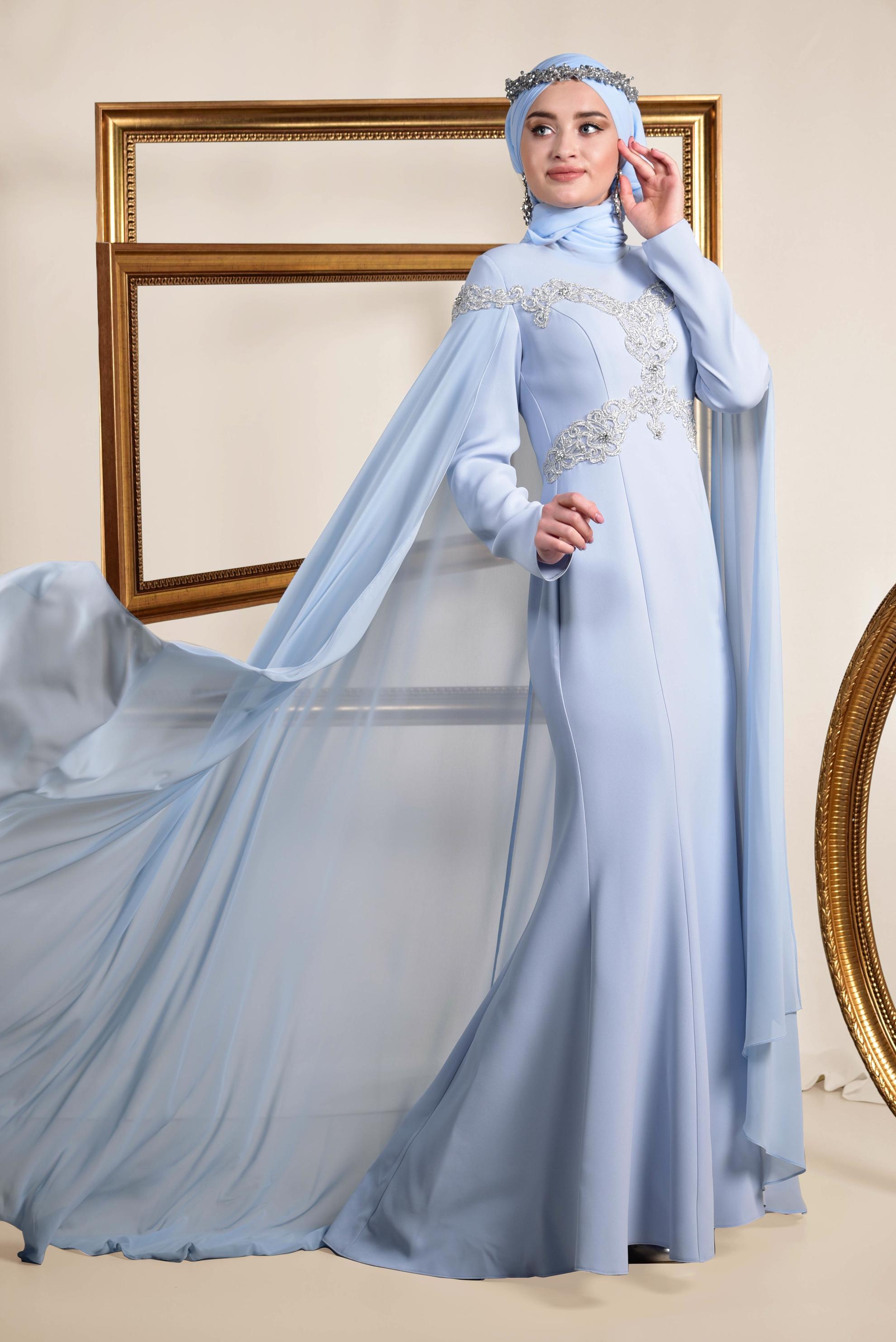 Tesettür giyim MAVİ İŞLEMELİ PELERİNLİ ABİYE ELBİSE 5555