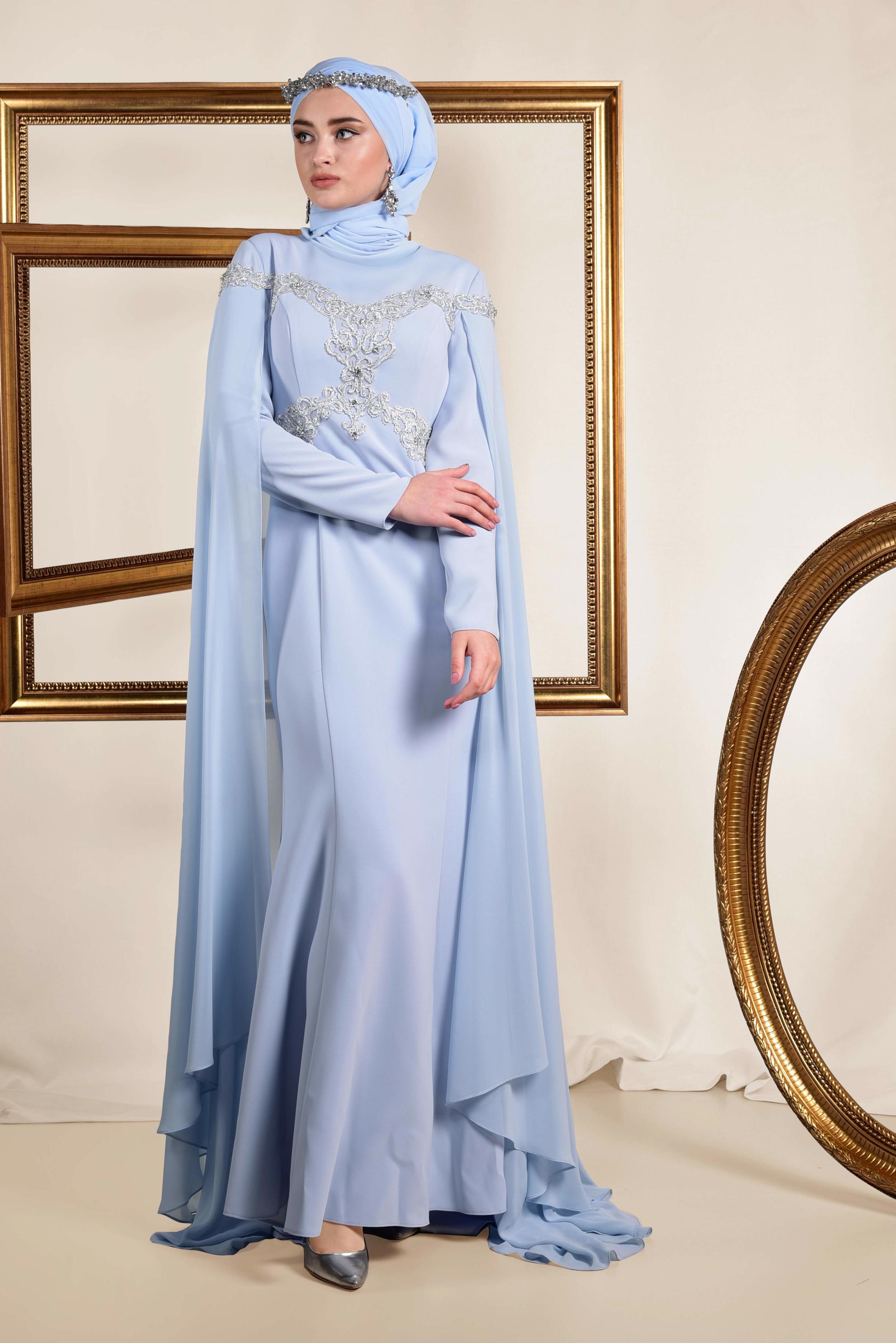 Tesettür giyim MAVİ İŞLEMELİ PELERİNLİ ABİYE ELBİSE 5555