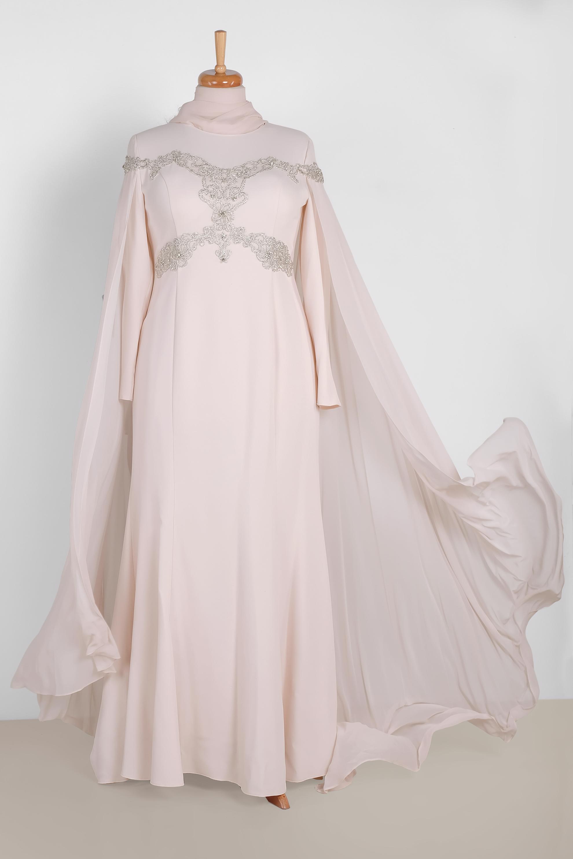 Tesettür giyim PUDRA GÜPÜR VE TAŞ DETAYLI PELERİN MODEL ABİYE ELBİSE 5556 