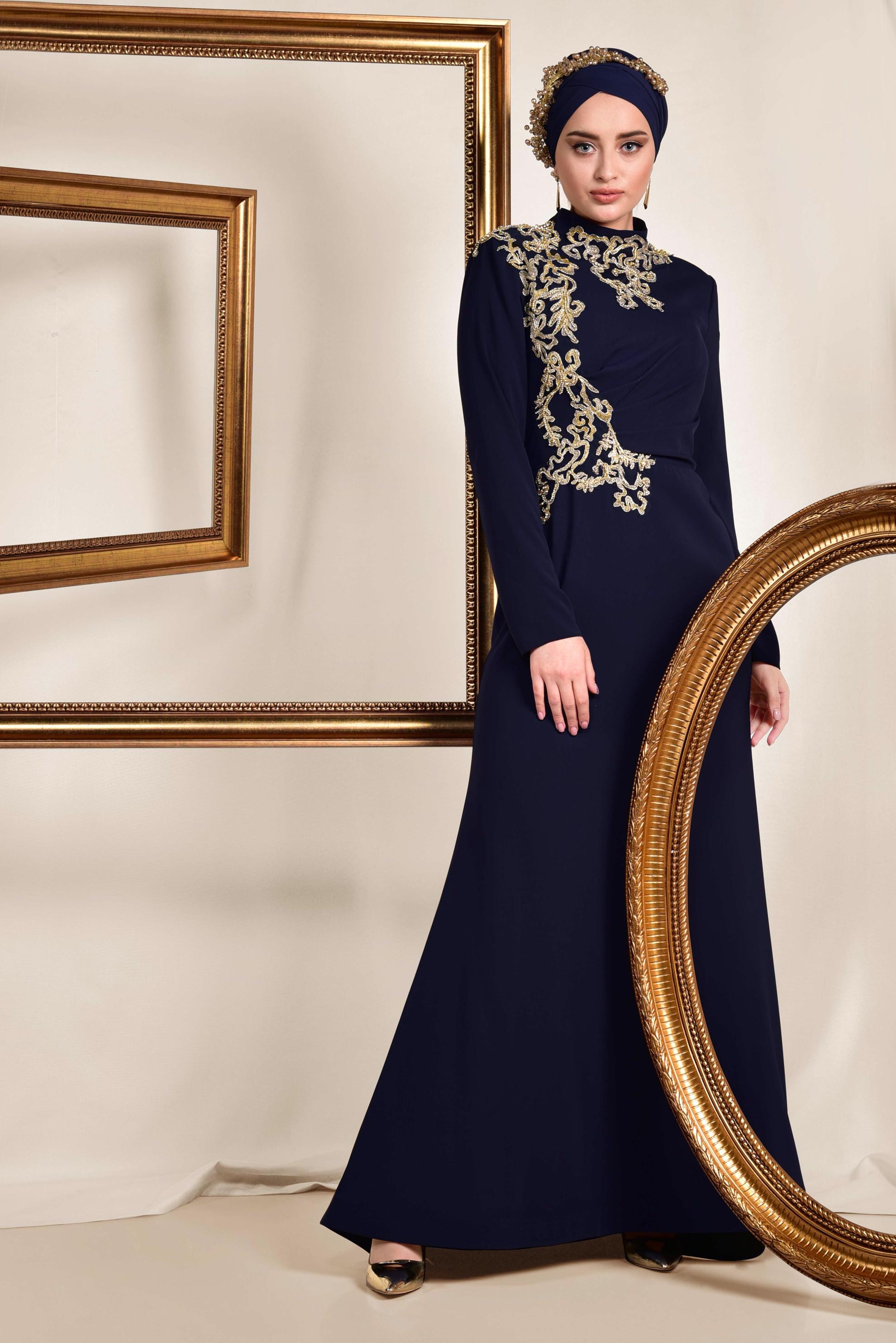 Tesettür giyim LACİVERT İŞLEMELİ KRUVAZE ABİYE ELBİSE 5558 