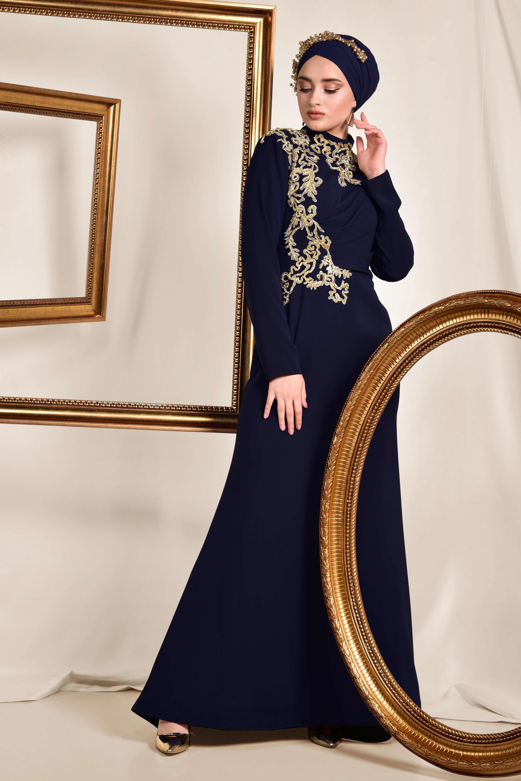 Tesettür giyim LACİVERT İŞLEMELİ KRUVAZE ABİYE ELBİSE 5558 
