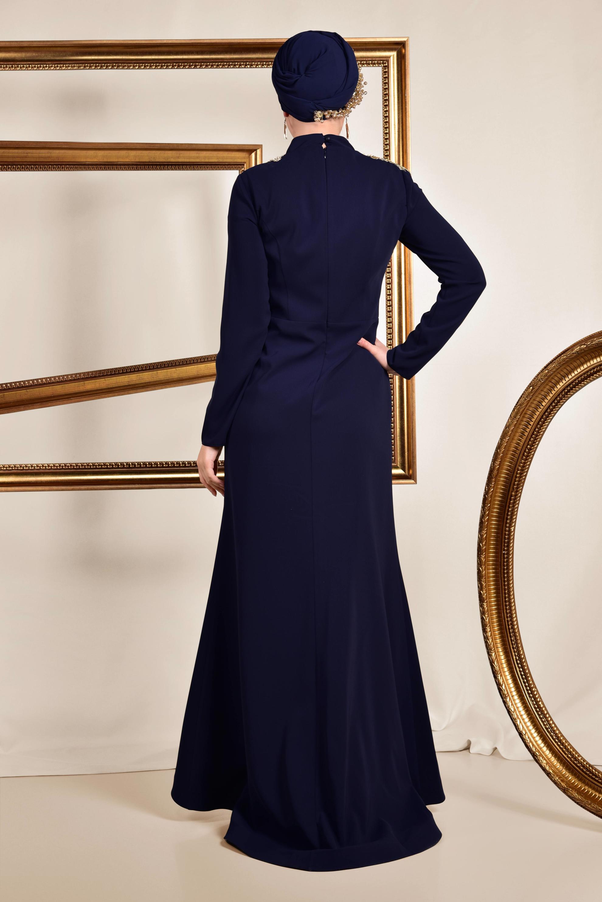 Tesettür giyim LACİVERT İŞLEMELİ KRUVAZE ABİYE ELBİSE 5558 