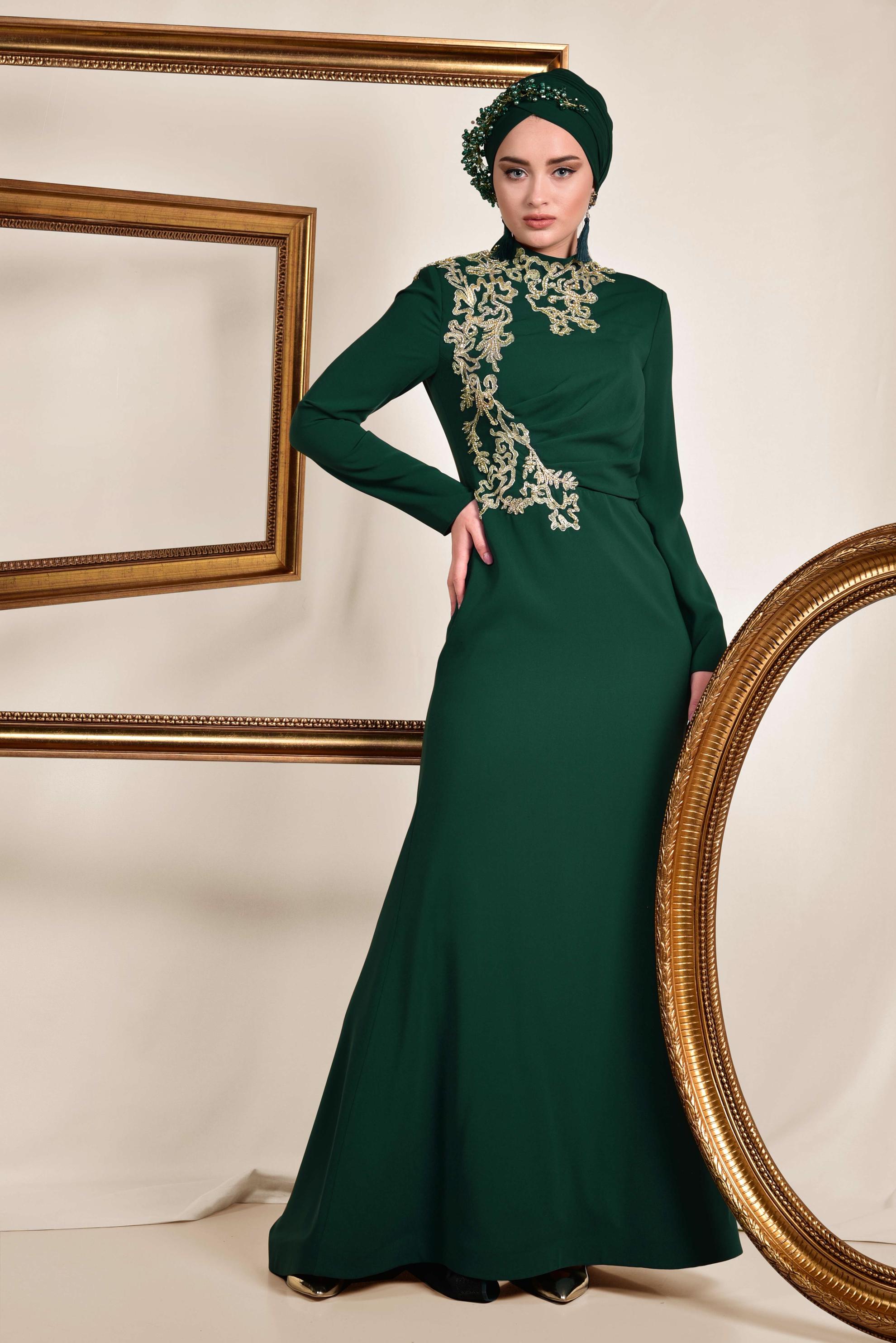 Tesettür giyim YEŞİL İŞLEMELİ KRUVAZE ABİYE ELBİSE 5558 