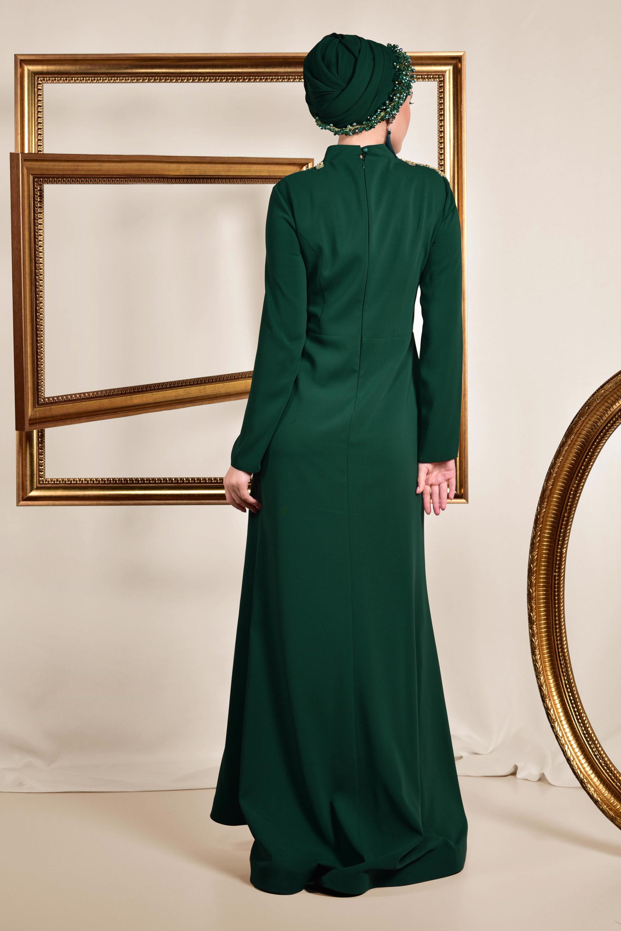 Tesettür giyim YEŞİL İŞLEMELİ KRUVAZE ABİYE ELBİSE 5558 