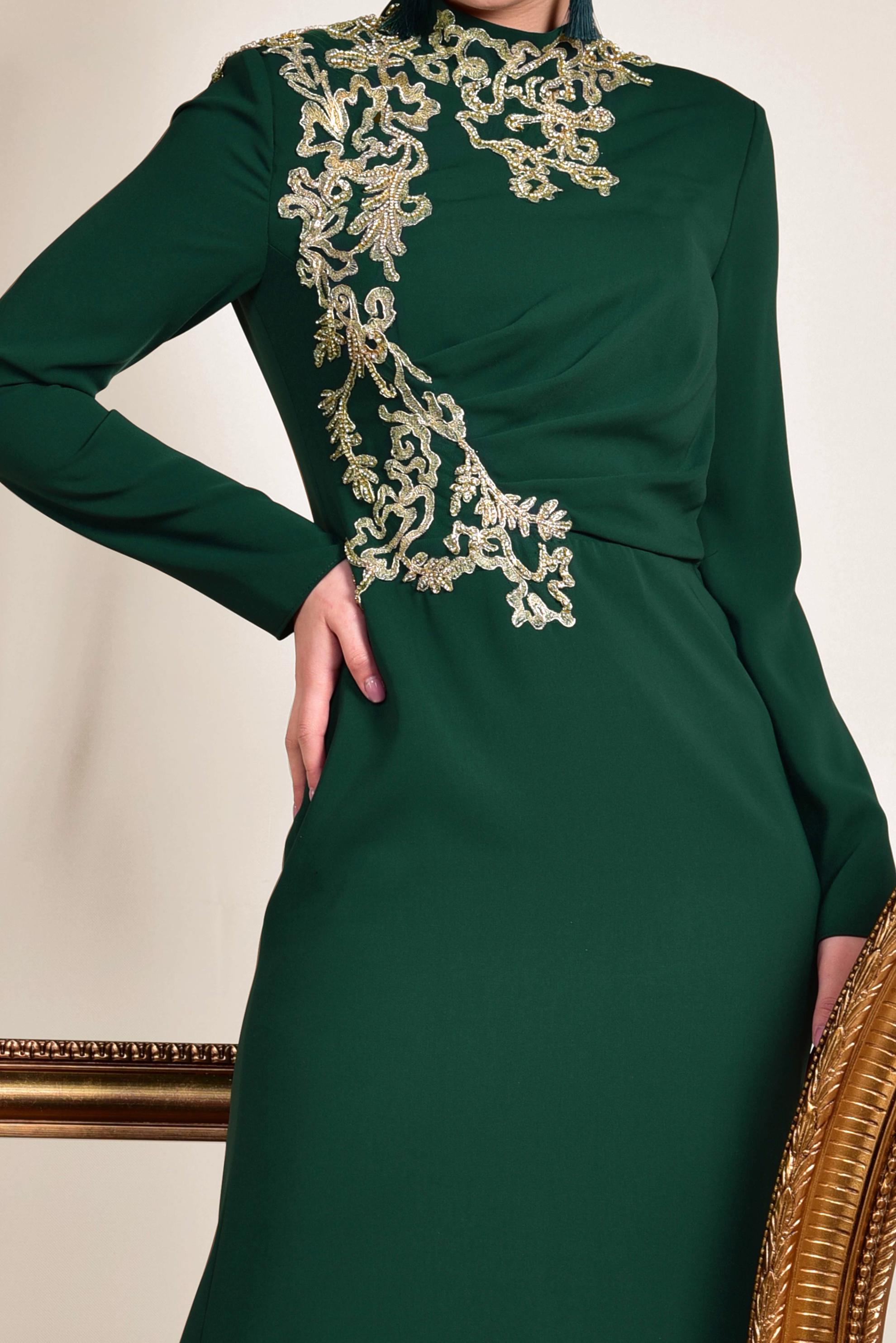 Tesettür giyim YEŞİL İŞLEMELİ KRUVAZE ABİYE ELBİSE 5558 