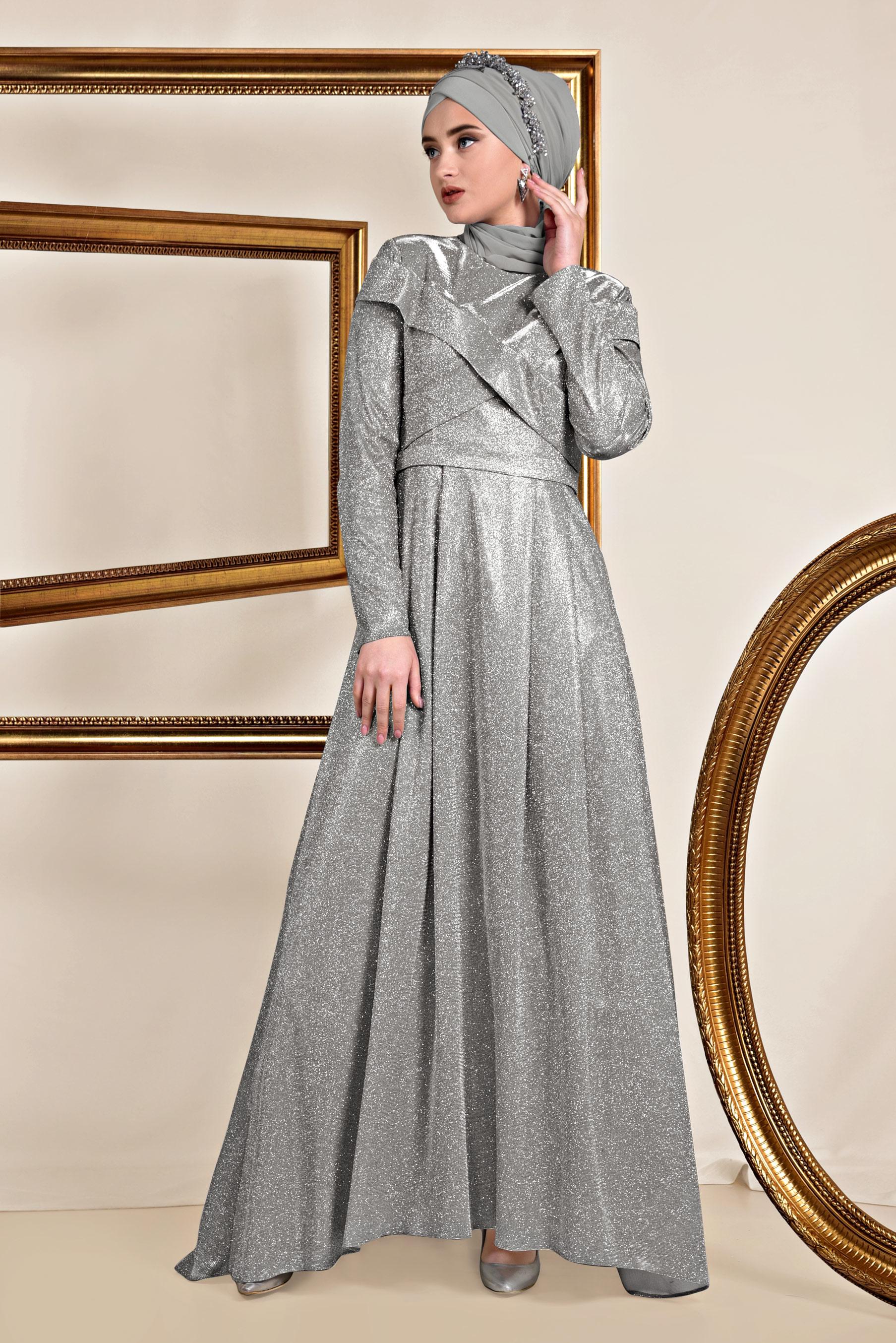 Tesettür giyim GÜMÜŞ SİMLİ KUMAŞ ABİYE ELBİSE 5559
