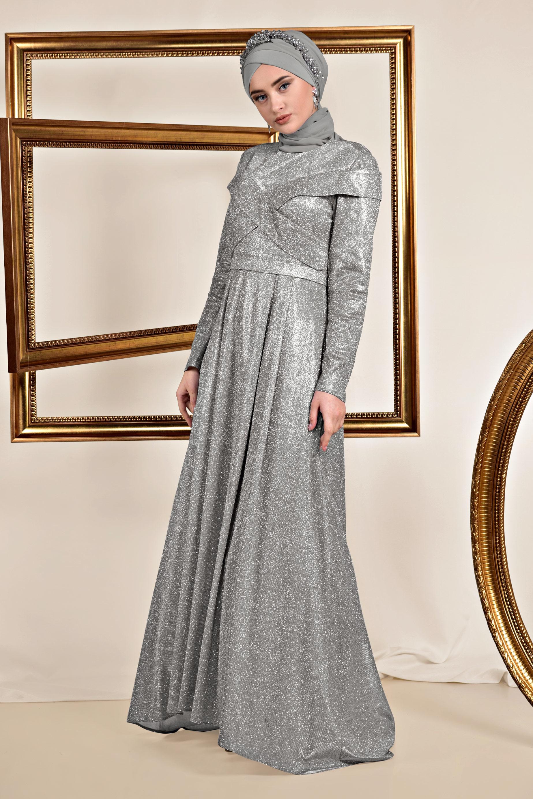 Tesettür giyim GÜMÜŞ SİMLİ KUMAŞ ABİYE ELBİSE 5559