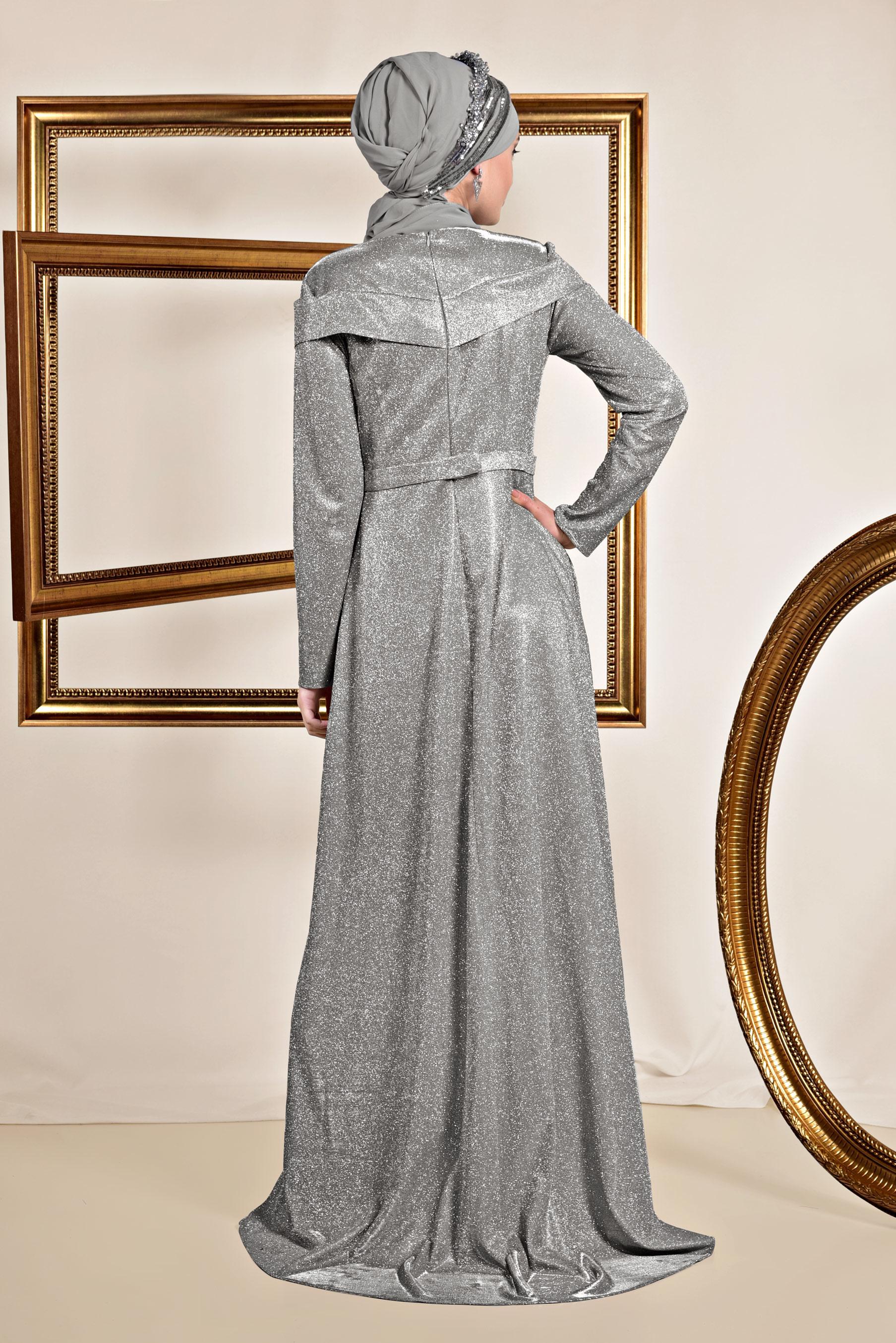 Tesettür giyim GÜMÜŞ SİMLİ KUMAŞ ABİYE ELBİSE 5559