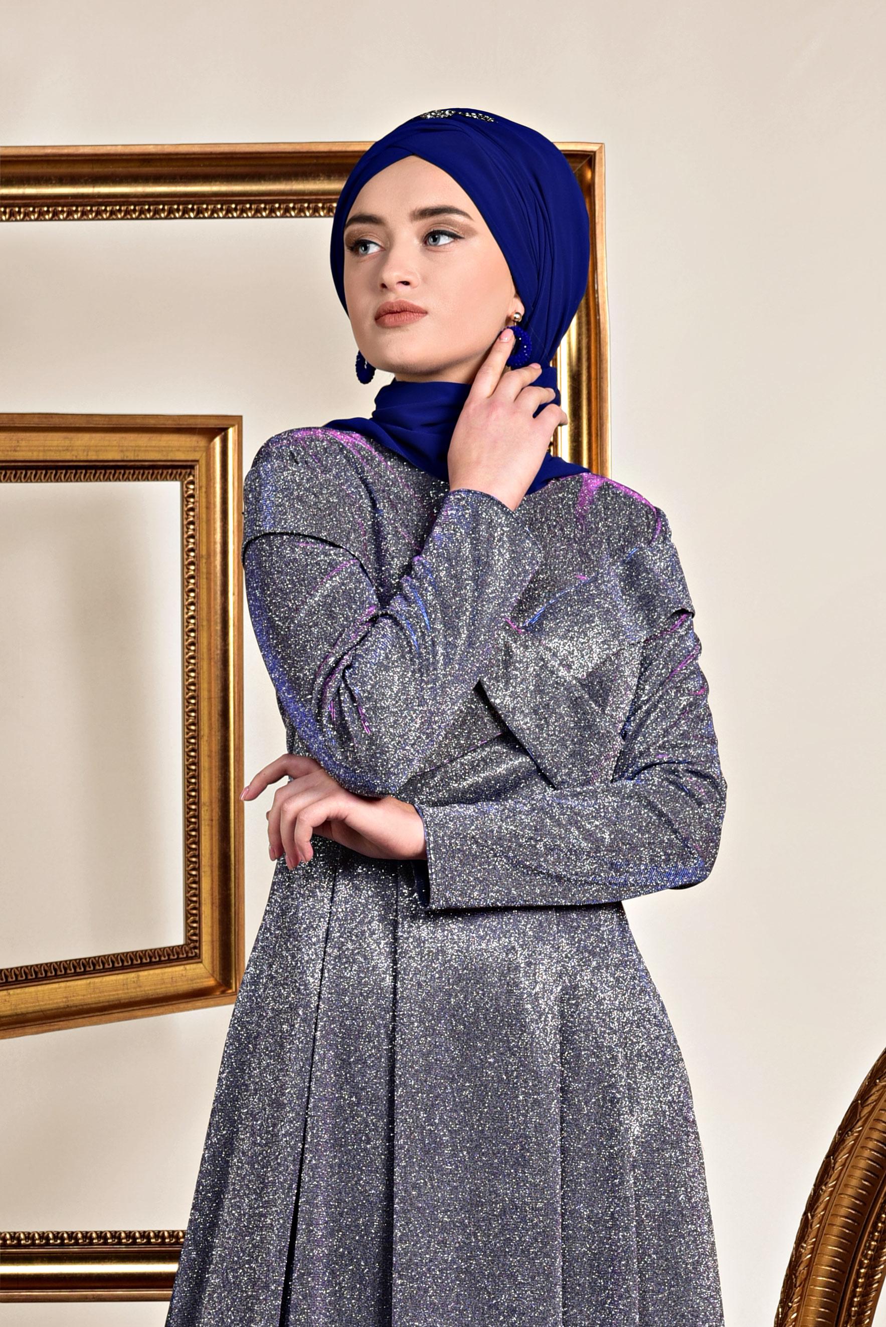 Tesettür giyim LACİVERT SİMLİ KUMAŞ ABİYE ELBİSE 5559