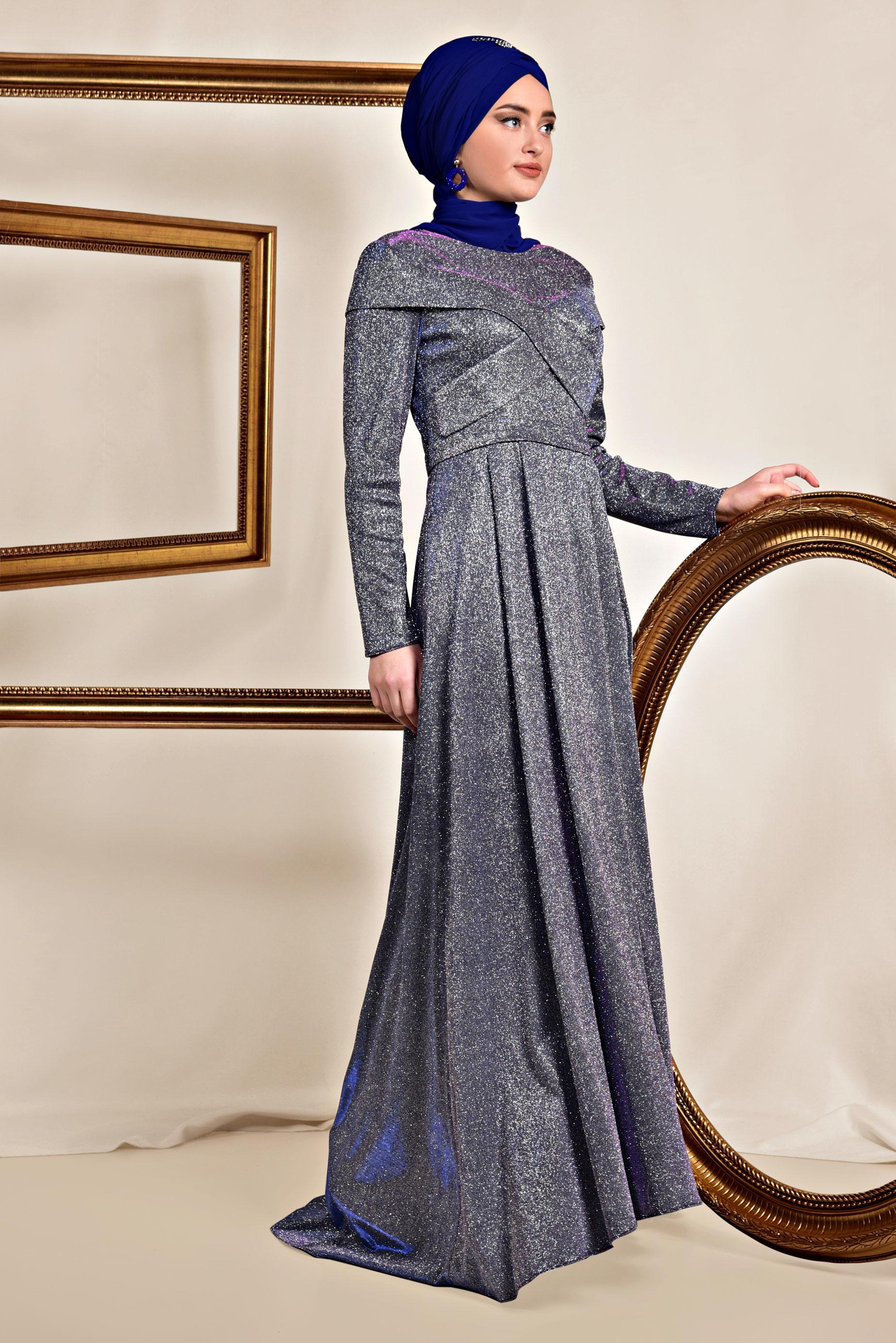 Tesettür giyim LACİVERT SİMLİ KUMAŞ ABİYE ELBİSE 5559