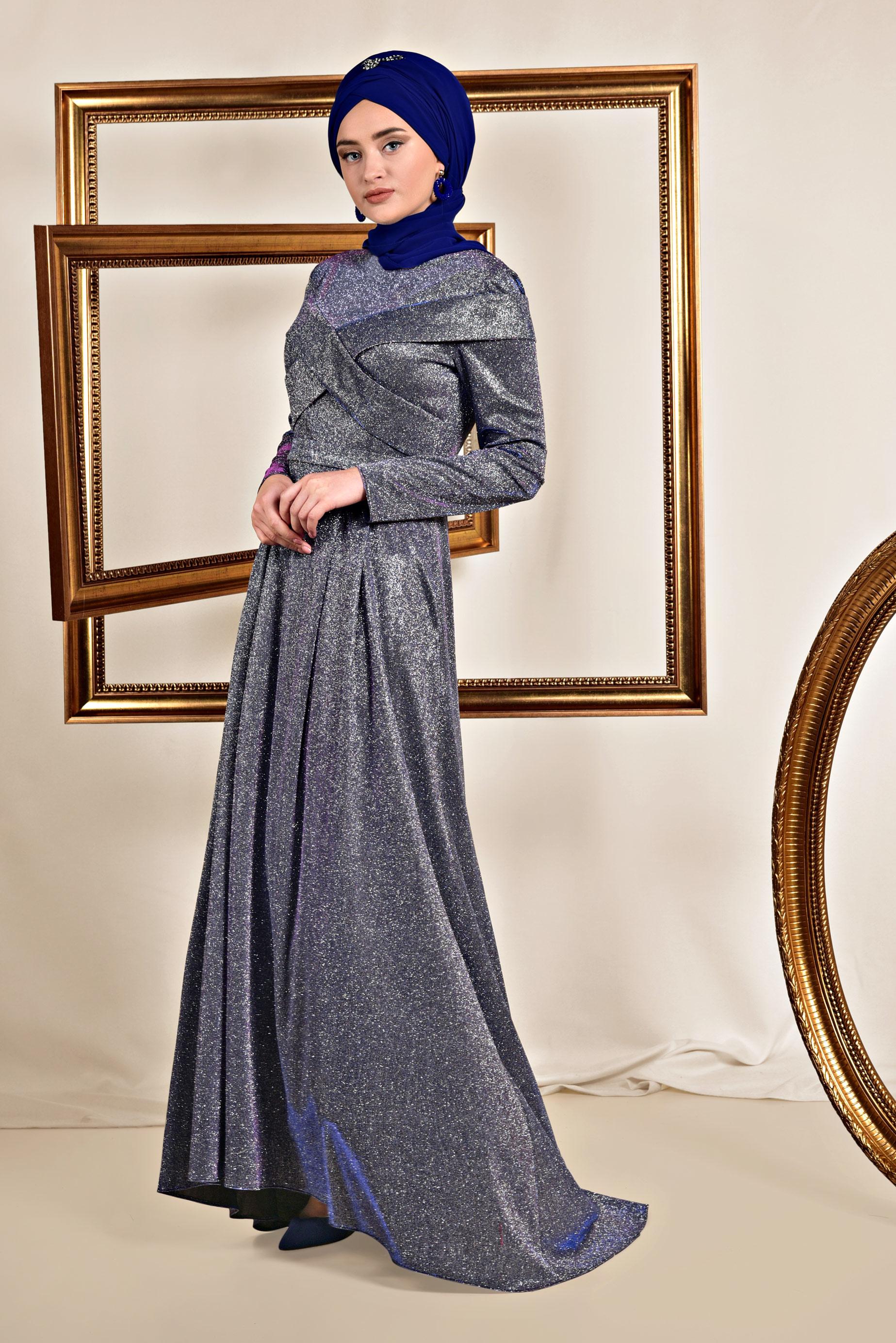 Tesettür giyim LACİVERT SİMLİ KUMAŞ ABİYE ELBİSE 5559