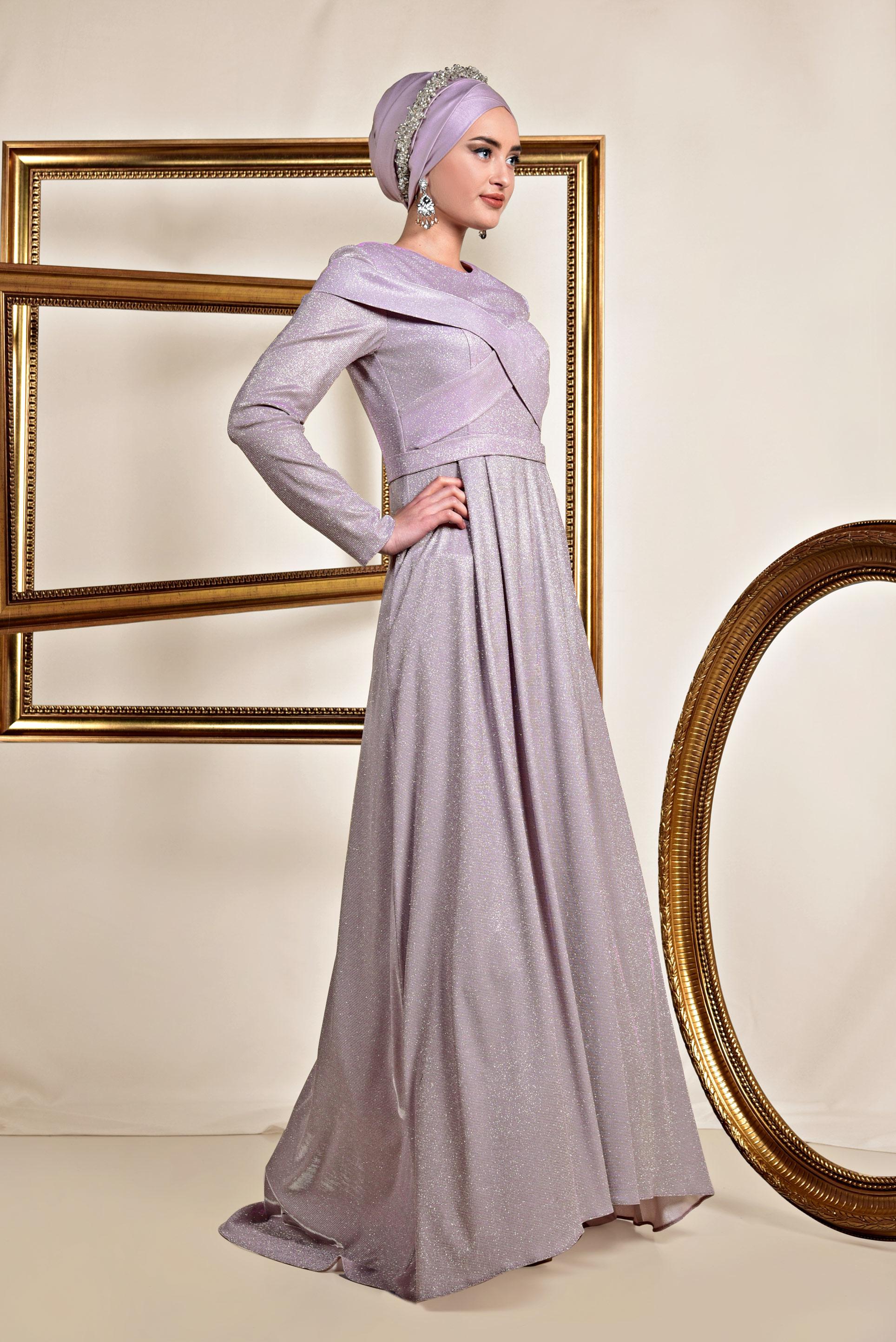 Tesettür giyim PUDRA SİMLİ KUMAŞ ABİYE ELBİSE 5559