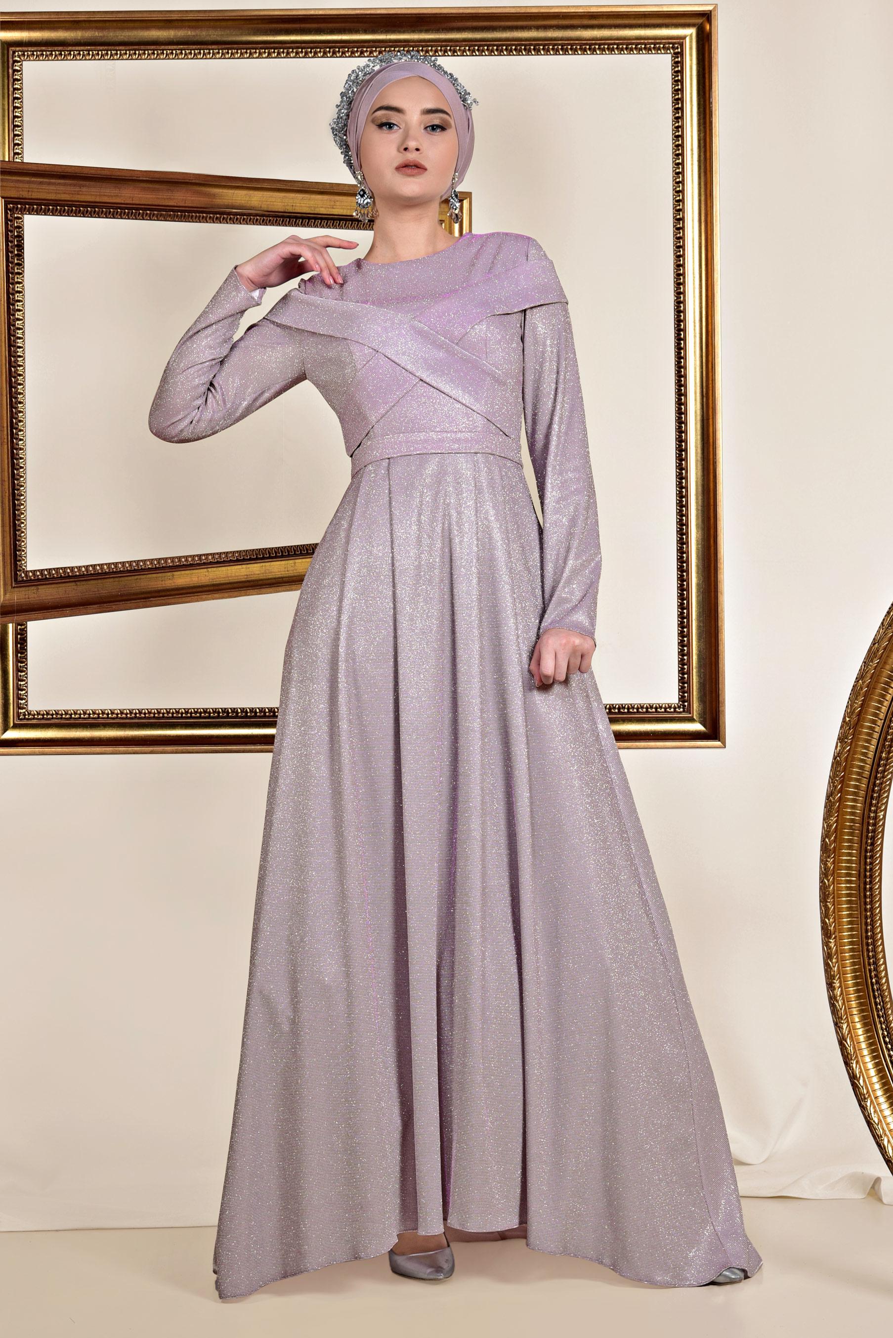 Tesettür giyim PUDRA SİMLİ KUMAŞ ABİYE ELBİSE 5559