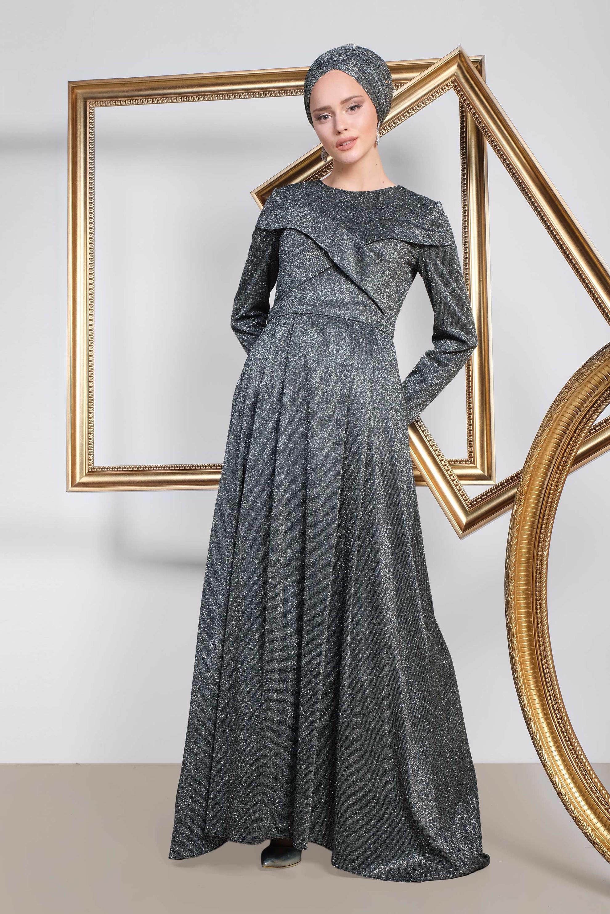 Tesettür giyim SİYAH SİMLİ KUMAŞ ABİYE ELBİSE 5559