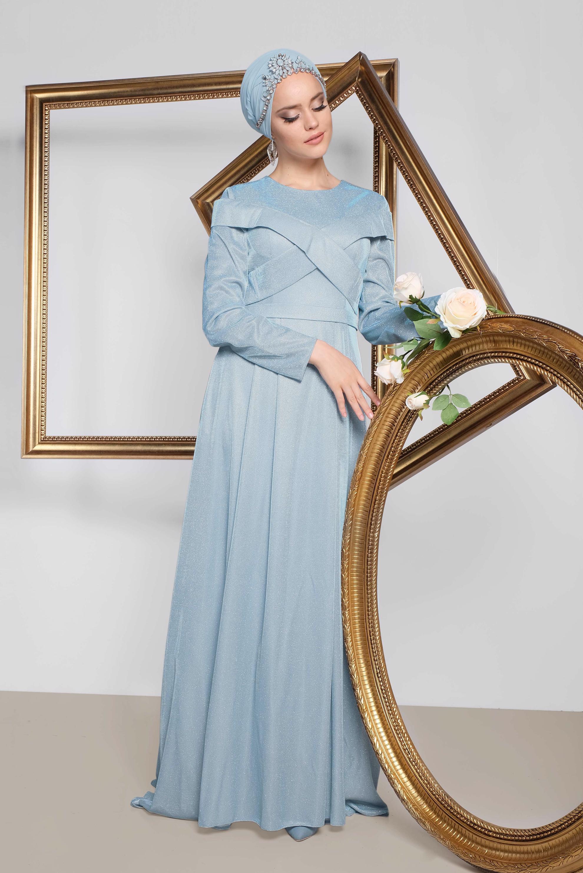 Tesettür giyim MAVİ SİMLİ KUMAŞ ABİYE ELBİSE 5559
