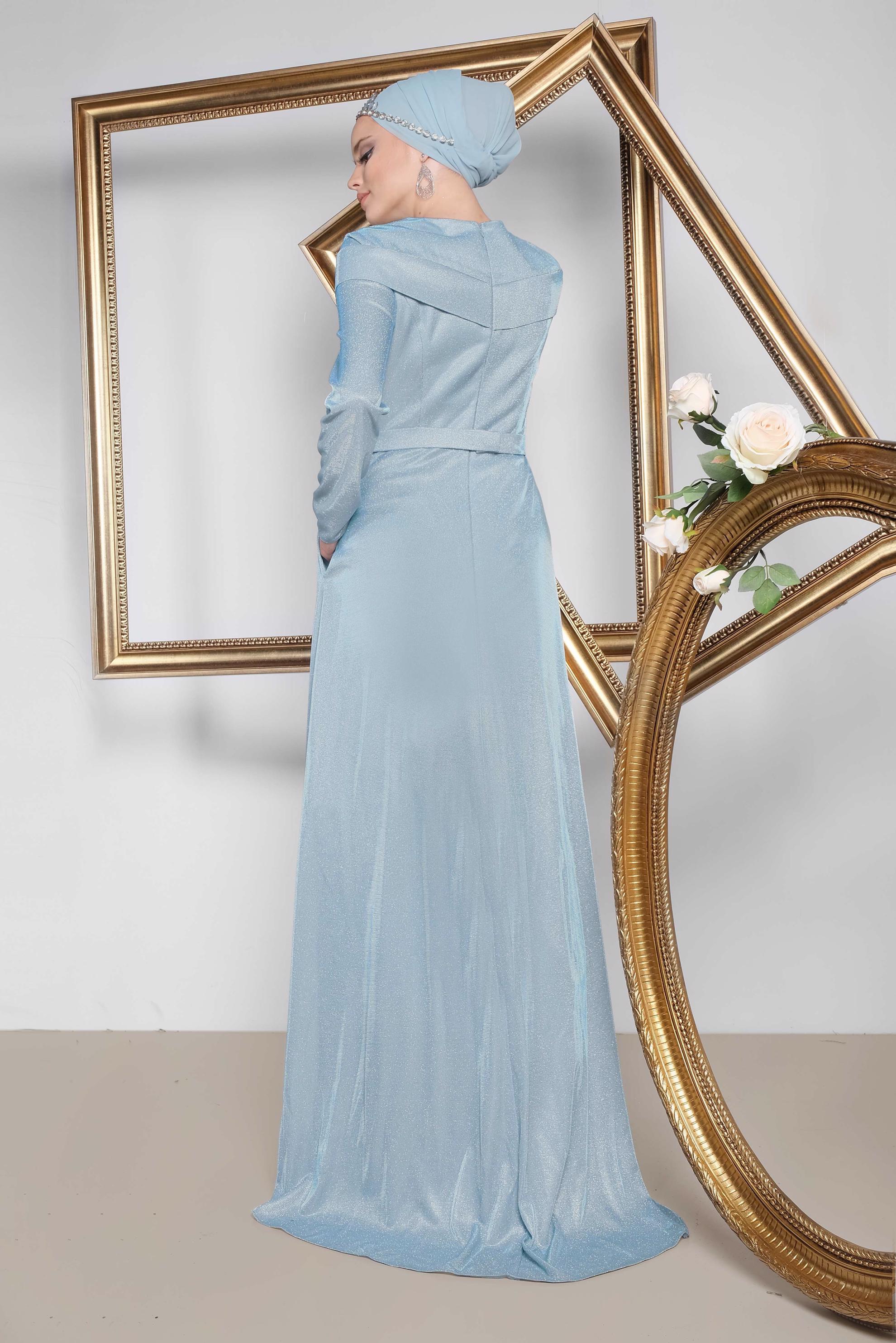 Tesettür giyim MAVİ SİMLİ KUMAŞ ABİYE ELBİSE 5559