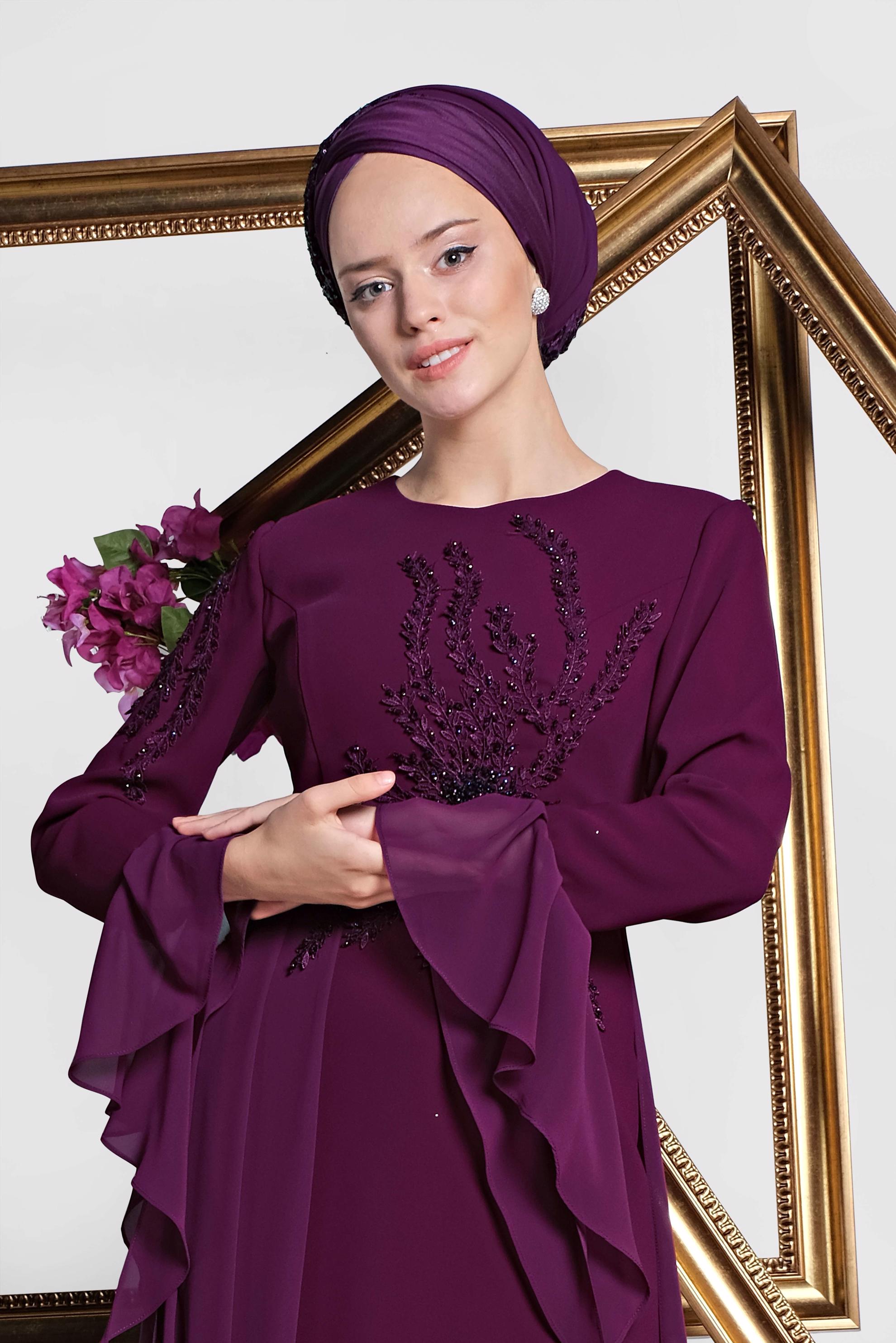 Tesettür giyim BORDO KOLLARI VOLANLI BONCUK İŞLEMELİ ABİYE ELBİSE 5560