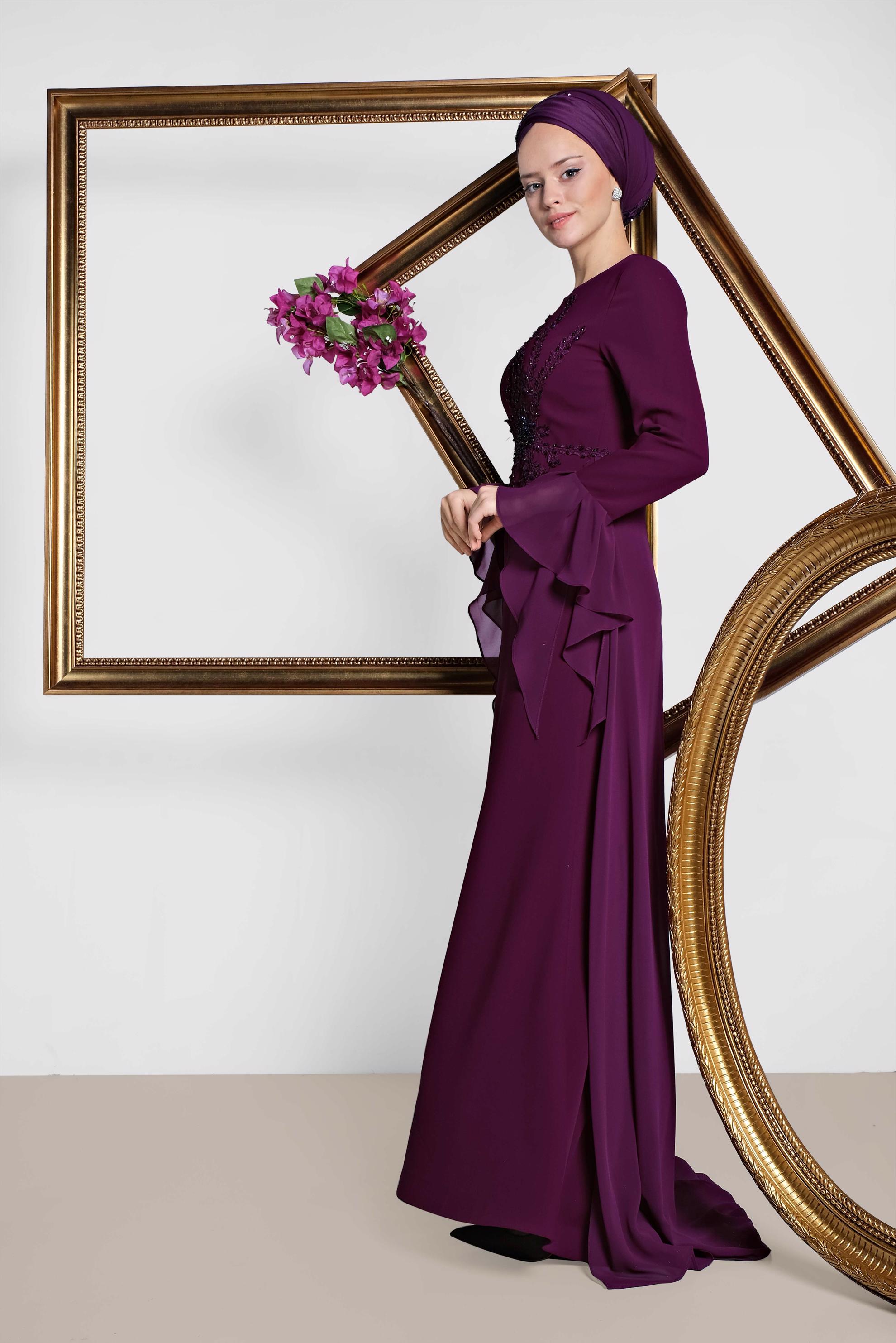 Tesettür giyim BORDO KOLLARI VOLANLI BONCUK İŞLEMELİ ABİYE ELBİSE 5560