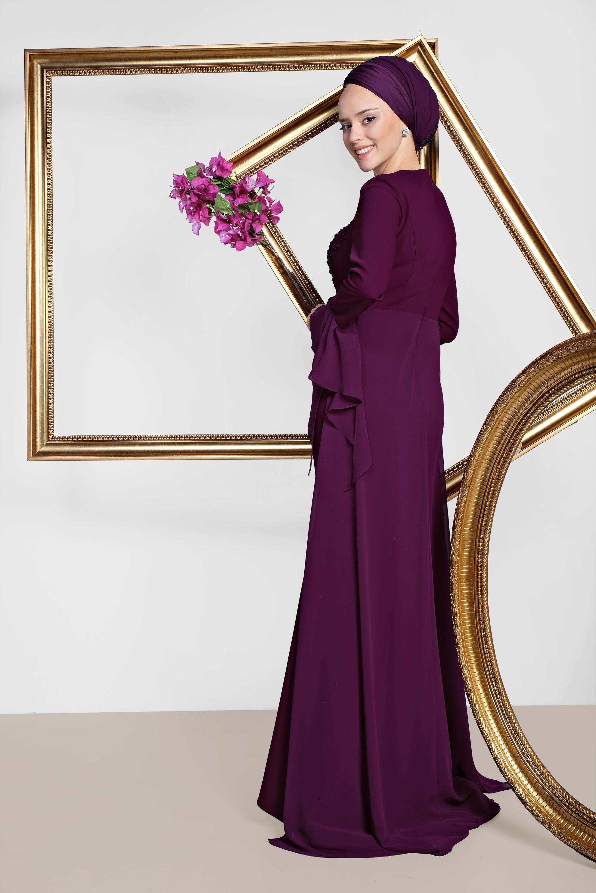 Tesettür giyim BORDO KOLLARI VOLANLI BONCUK İŞLEMELİ ABİYE ELBİSE 5560