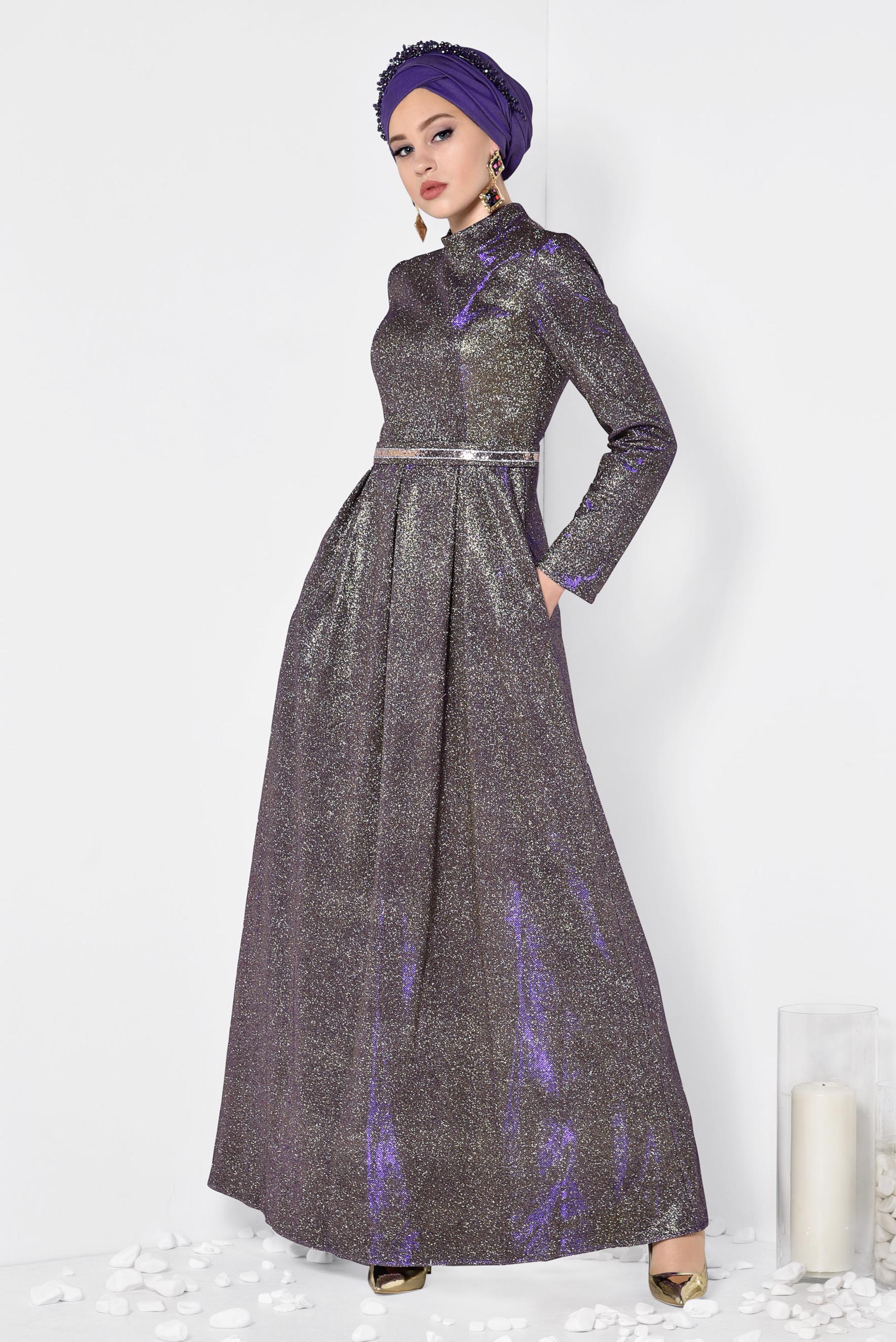 Tesettür giyim MOR SİMLİ CEPLİ ABİYE ELBİSE 5563