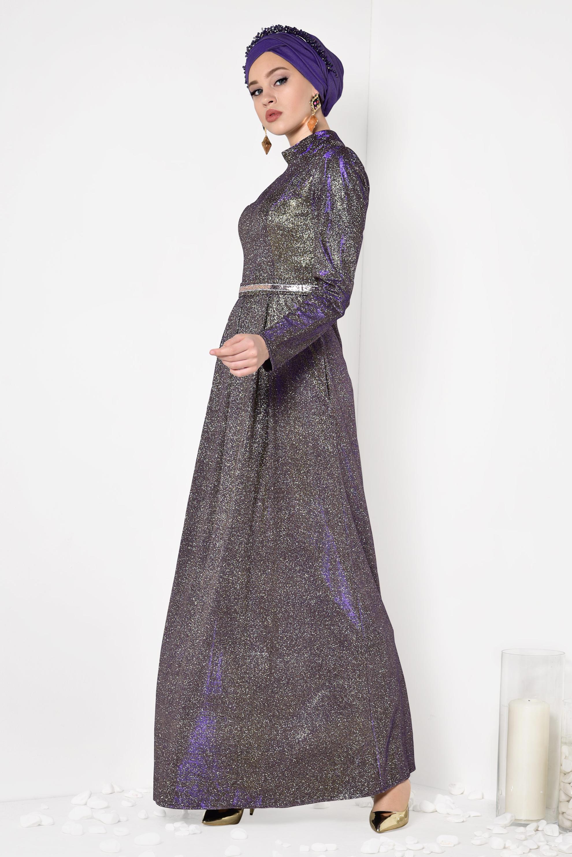 Tesettür giyim MOR SİMLİ CEPLİ ABİYE ELBİSE 5563