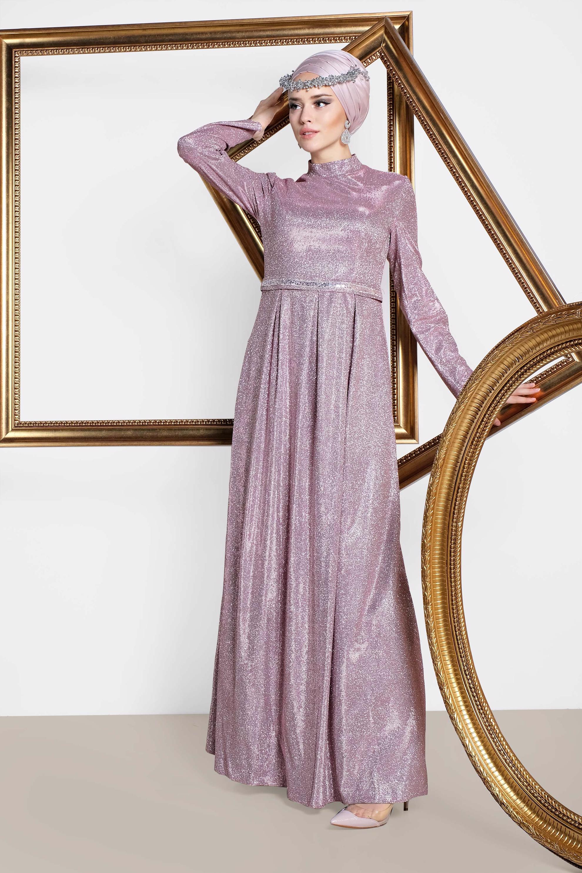 Tesettür giyim PUDRA SİMLİ CEPLİ ABİYE ELBİSE 5563