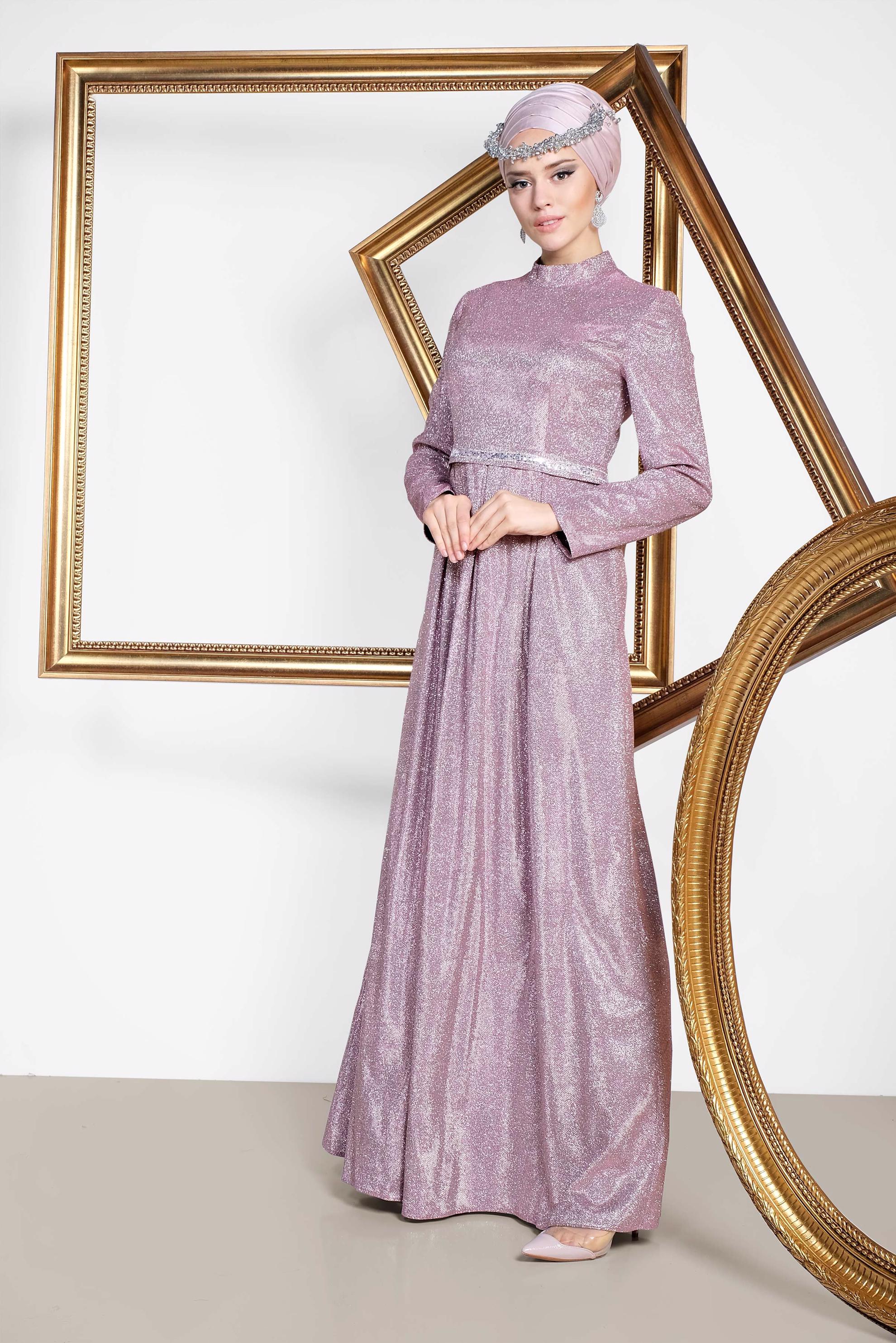 Tesettür giyim PUDRA SİMLİ CEPLİ ABİYE ELBİSE 5563