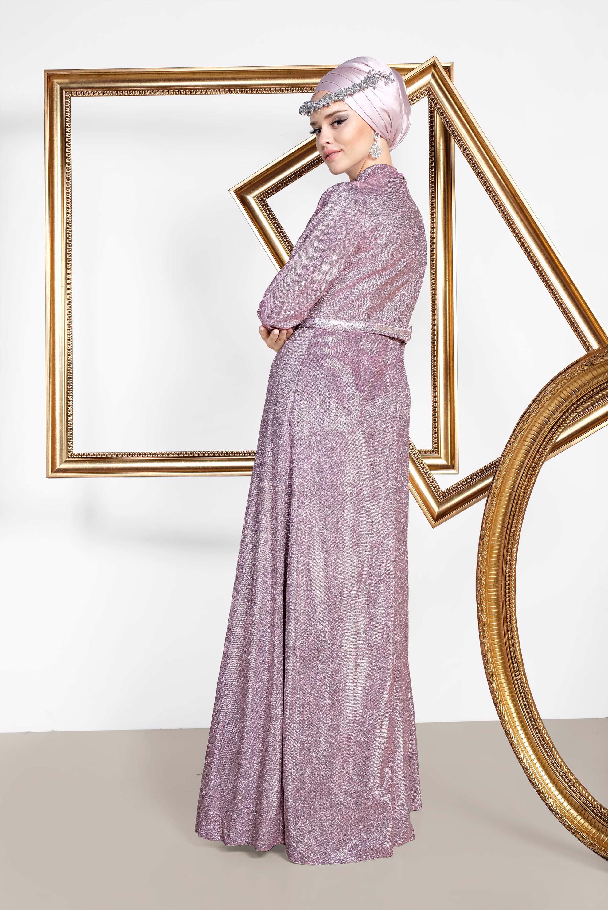 Tesettür giyim PUDRA SİMLİ CEPLİ ABİYE ELBİSE 5563