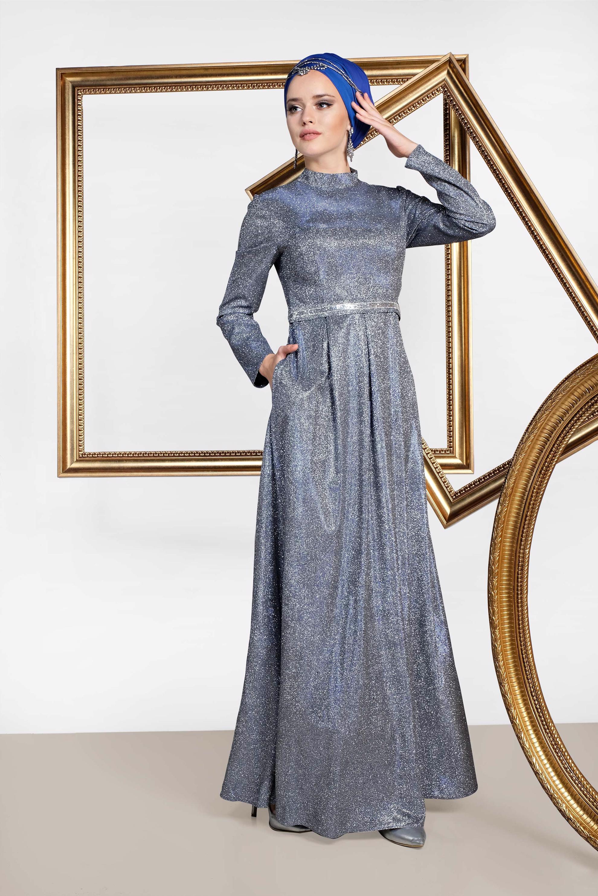 Tesettür giyim SİYAH SİMLİ CEPLİ ABİYE ELBİSE 5563