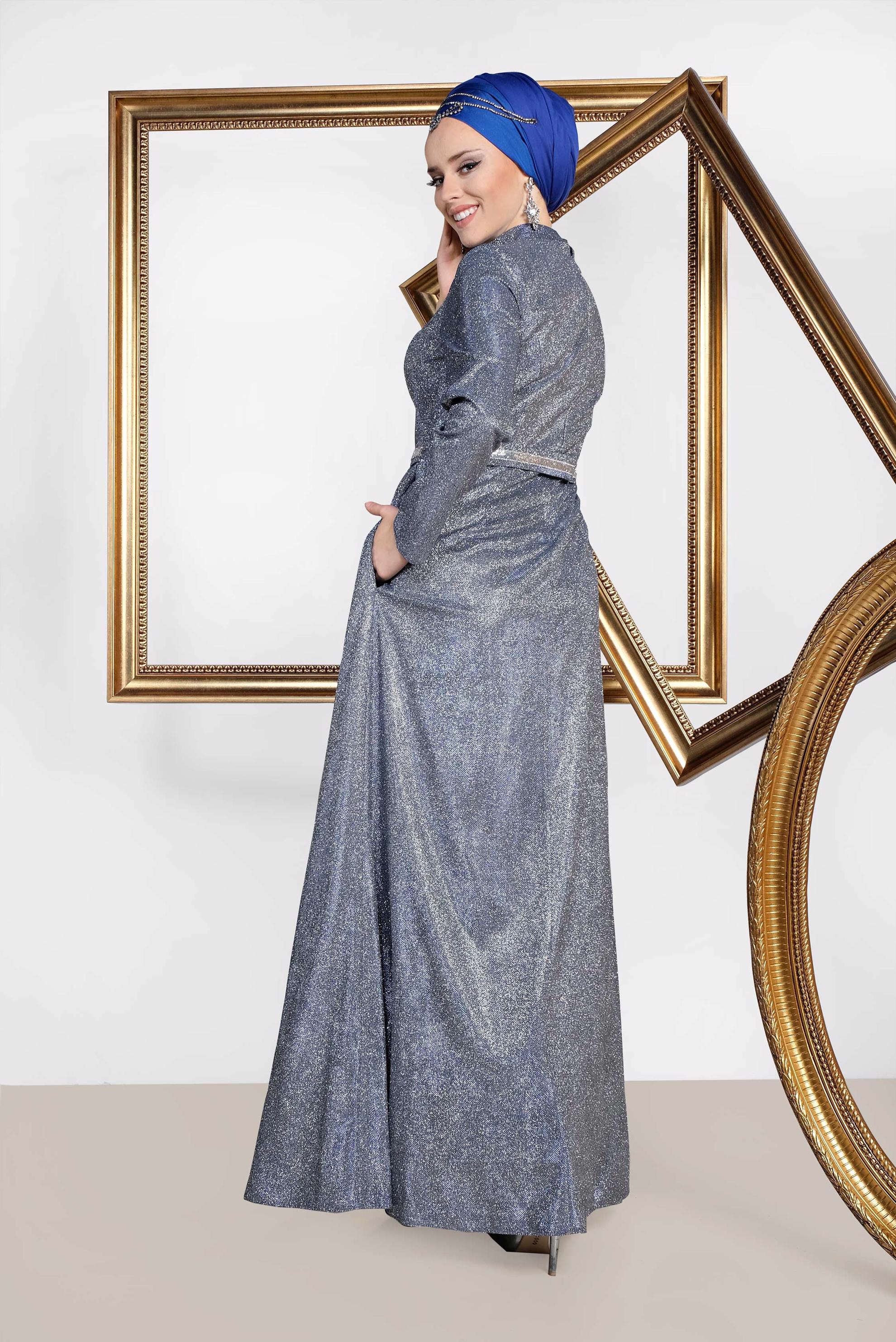 Tesettür giyim SİYAH SİMLİ CEPLİ ABİYE ELBİSE 5563