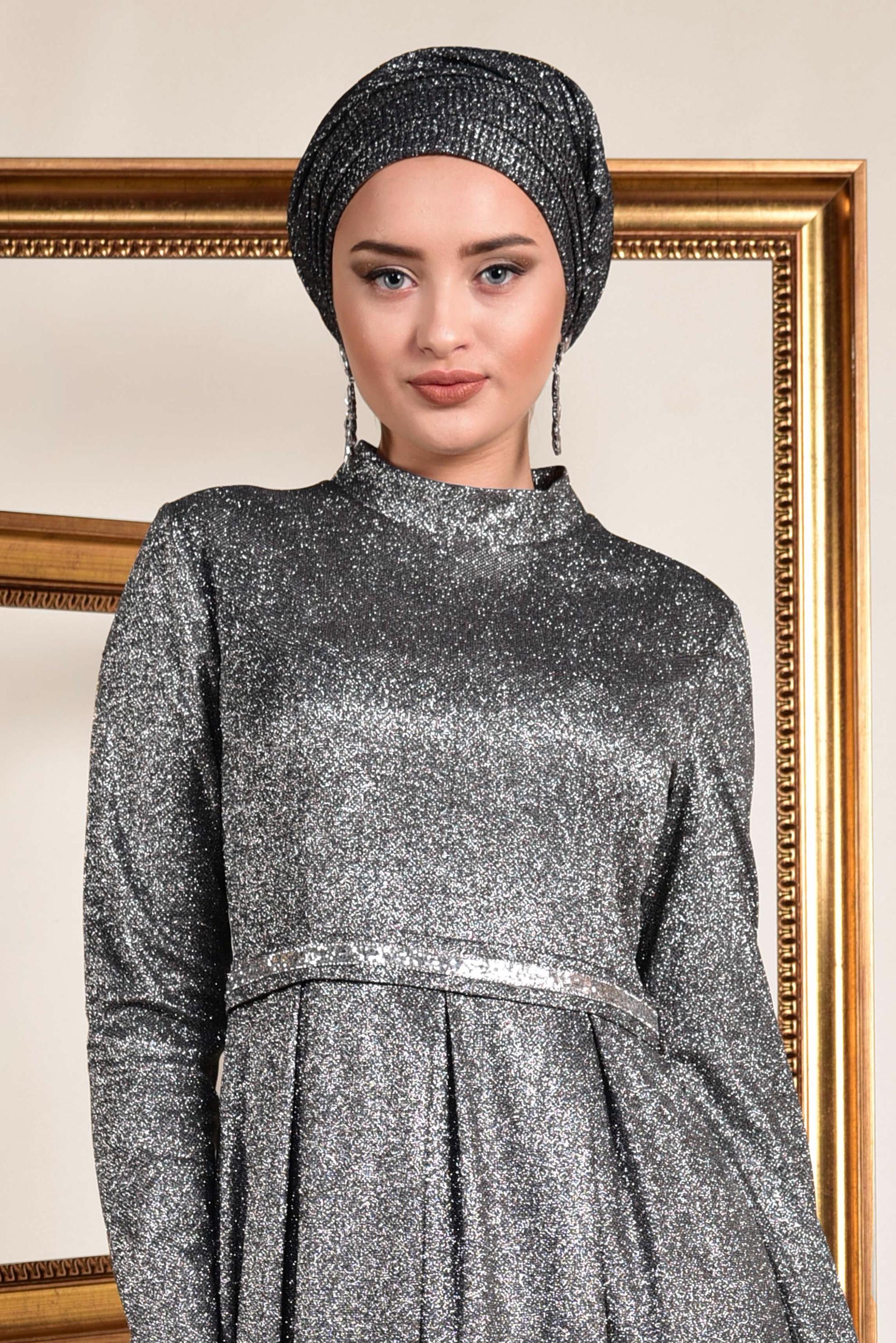 Tesettür giyim SİYAH SİMLİ CEPLİ ABİYE ELBİSE 5563