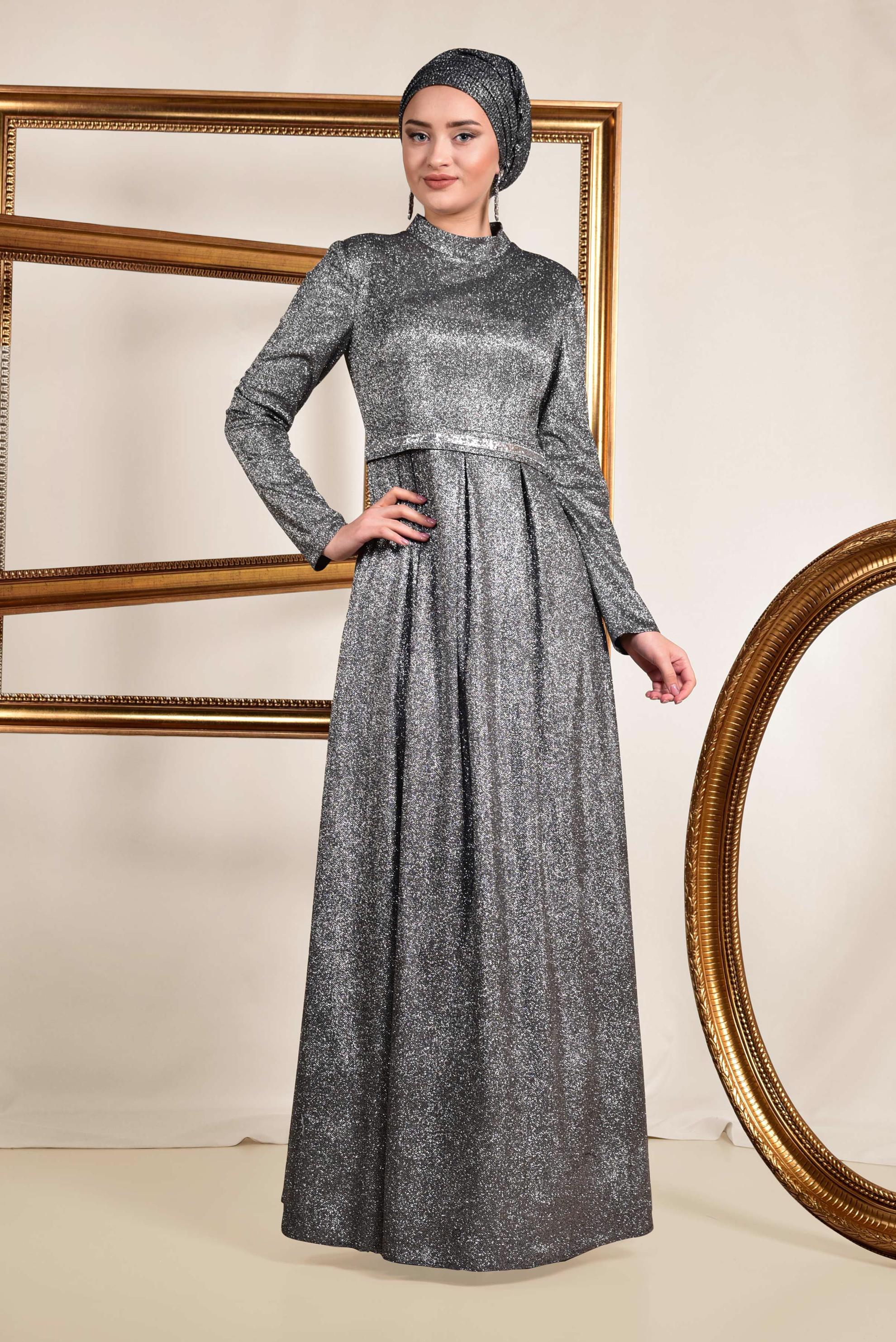 Tesettür giyim SİYAH SİMLİ CEPLİ ABİYE ELBİSE 5563