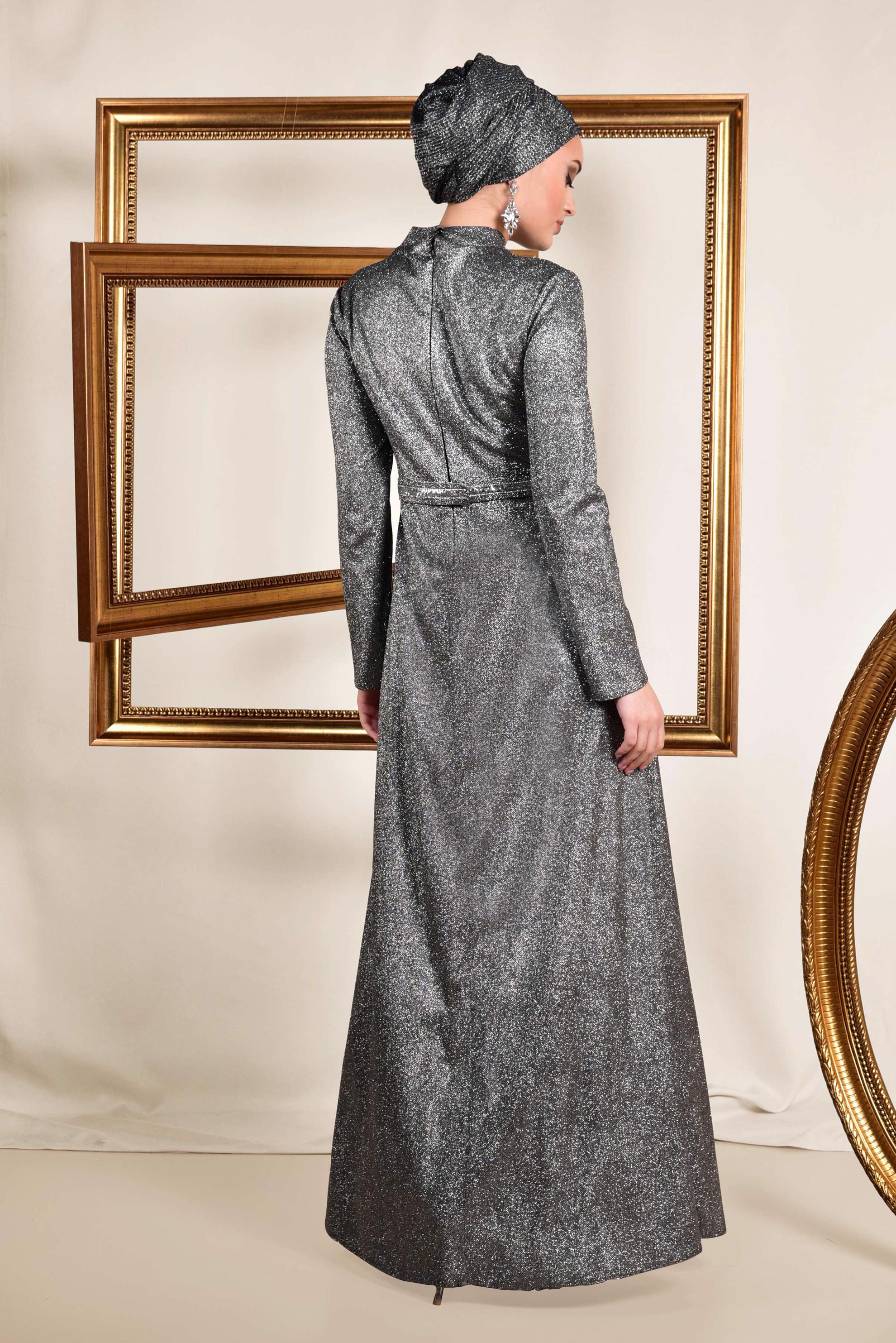 Tesettür giyim SİYAH SİMLİ CEPLİ ABİYE ELBİSE 5563