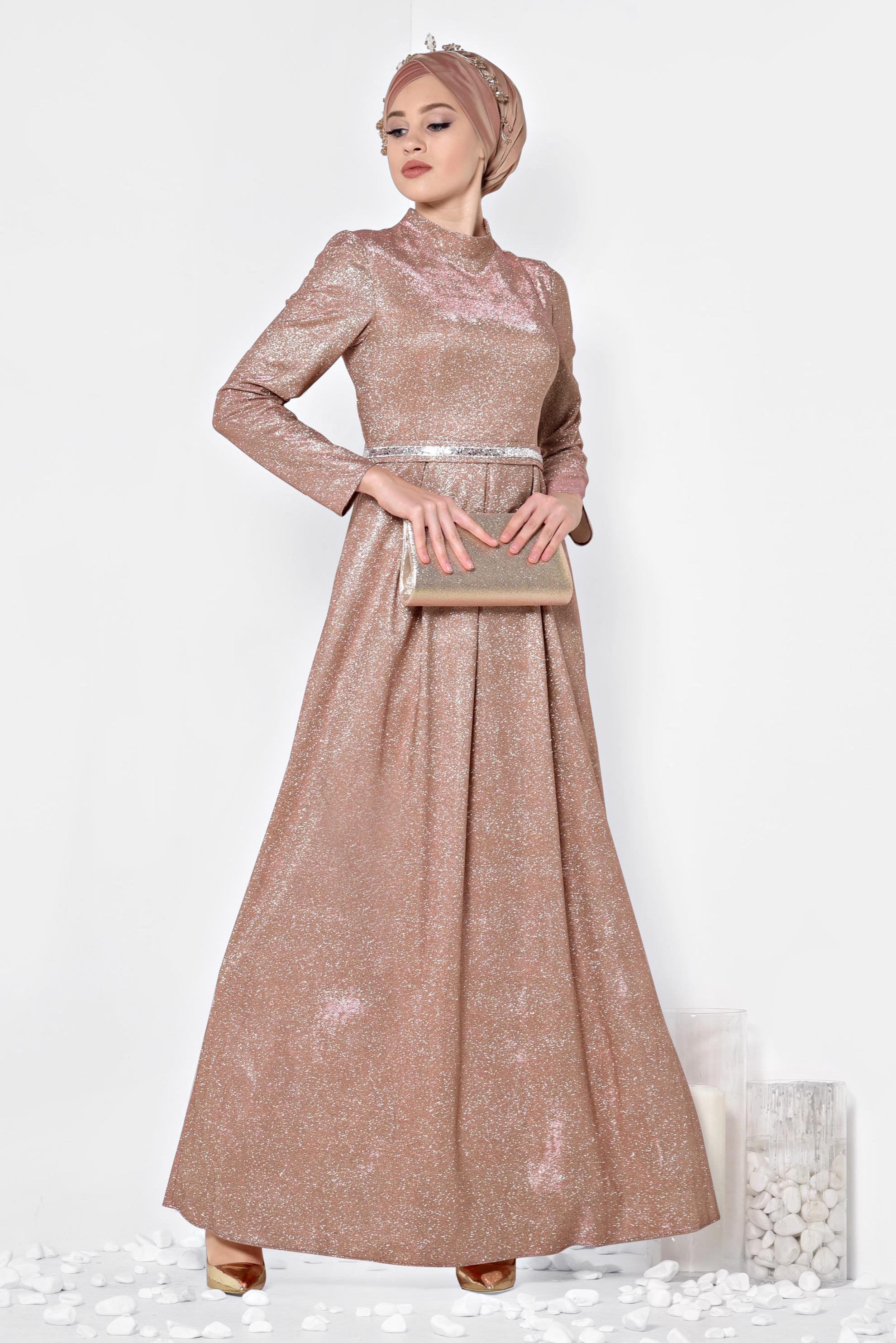 Tesettür giyim PUDRA SİMLİ CEPLİ ABİYE ELBİSE 5563