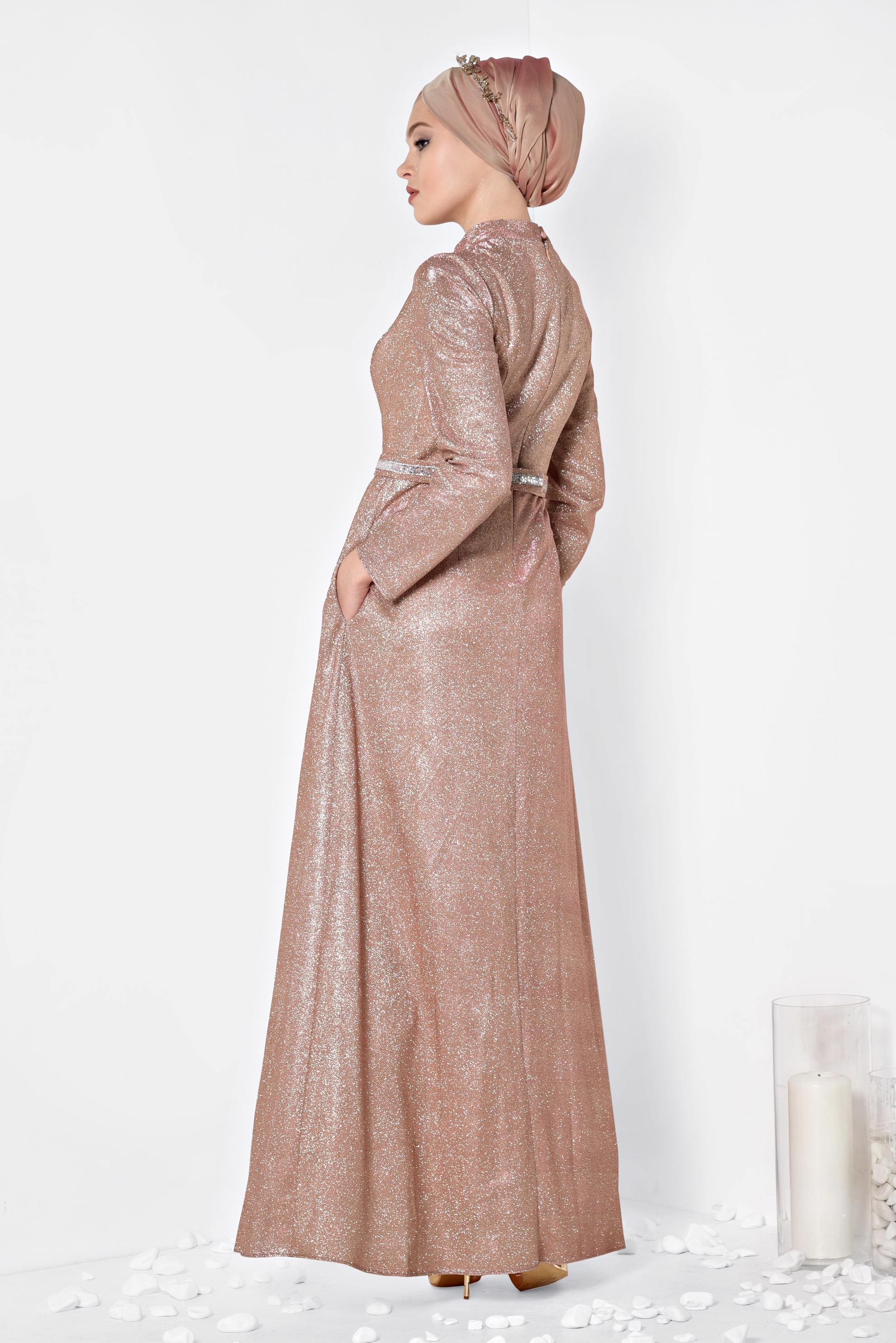 Tesettür giyim PUDRA SİMLİ CEPLİ ABİYE ELBİSE 5563