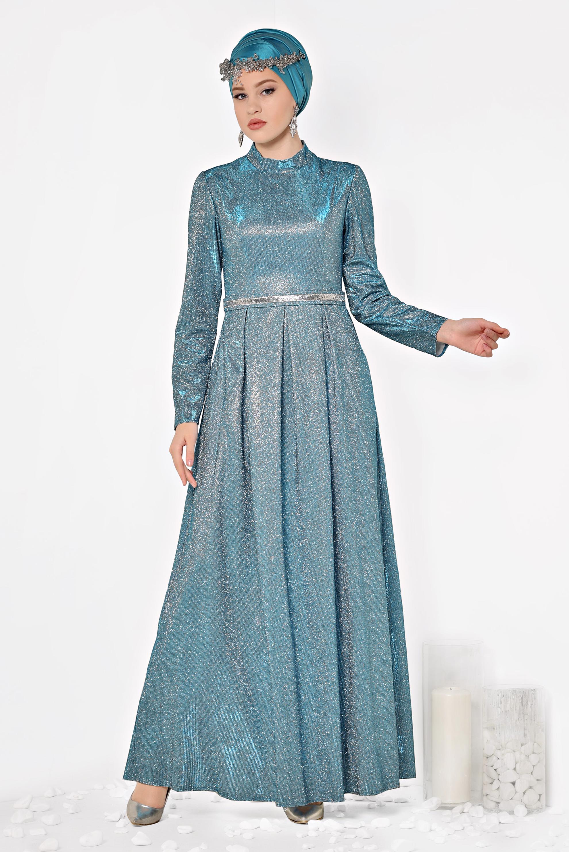 Tesettür giyim MAVİ SİMLİ CEPLİ ABİYE ELBİSE 5563