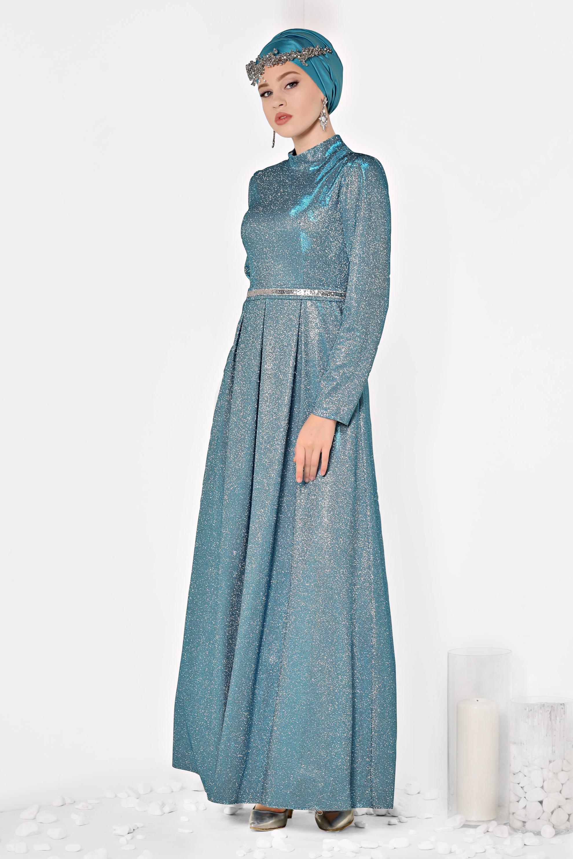 Tesettür giyim MAVİ SİMLİ CEPLİ ABİYE ELBİSE 5563