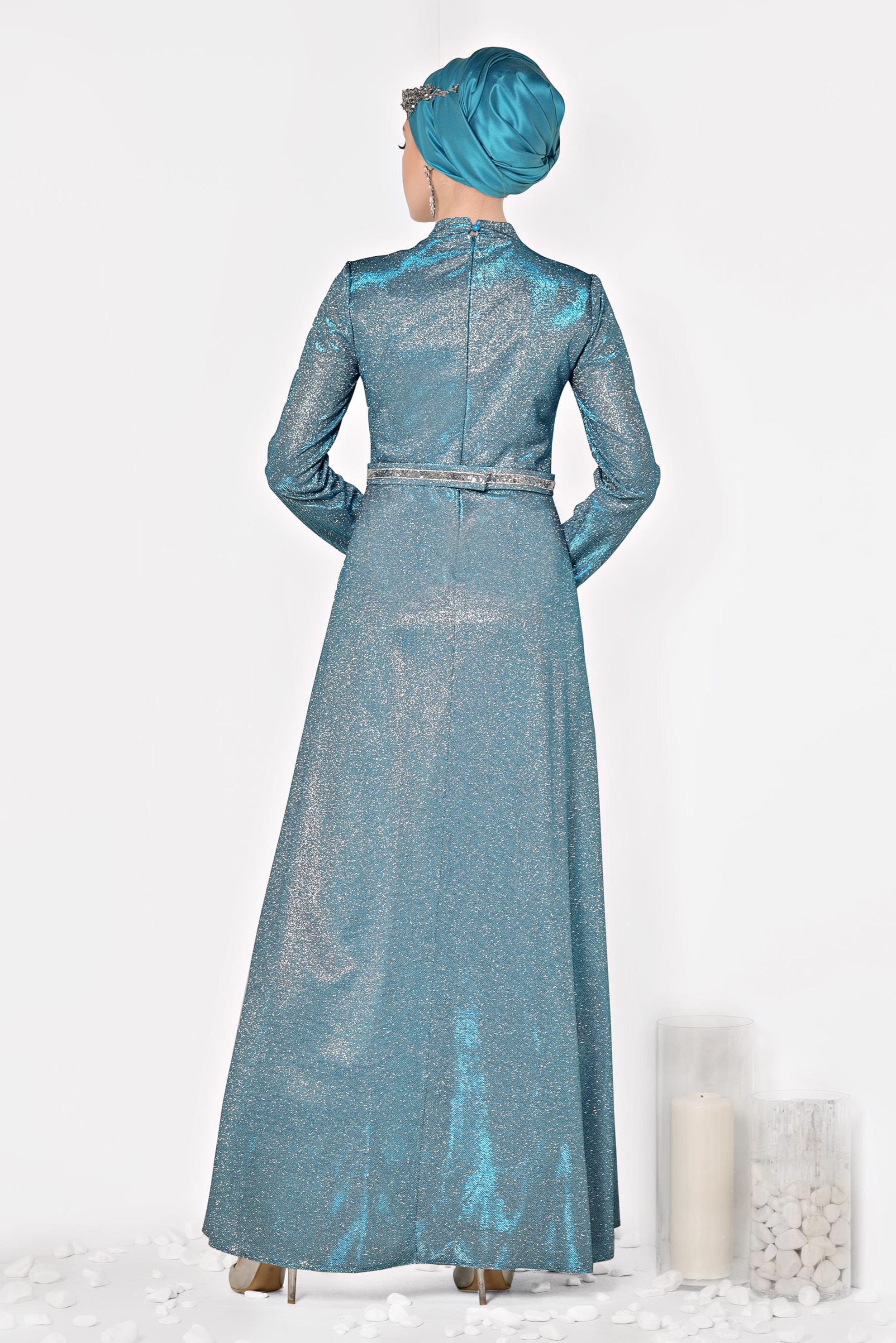 Tesettür giyim MAVİ SİMLİ CEPLİ ABİYE ELBİSE 5563