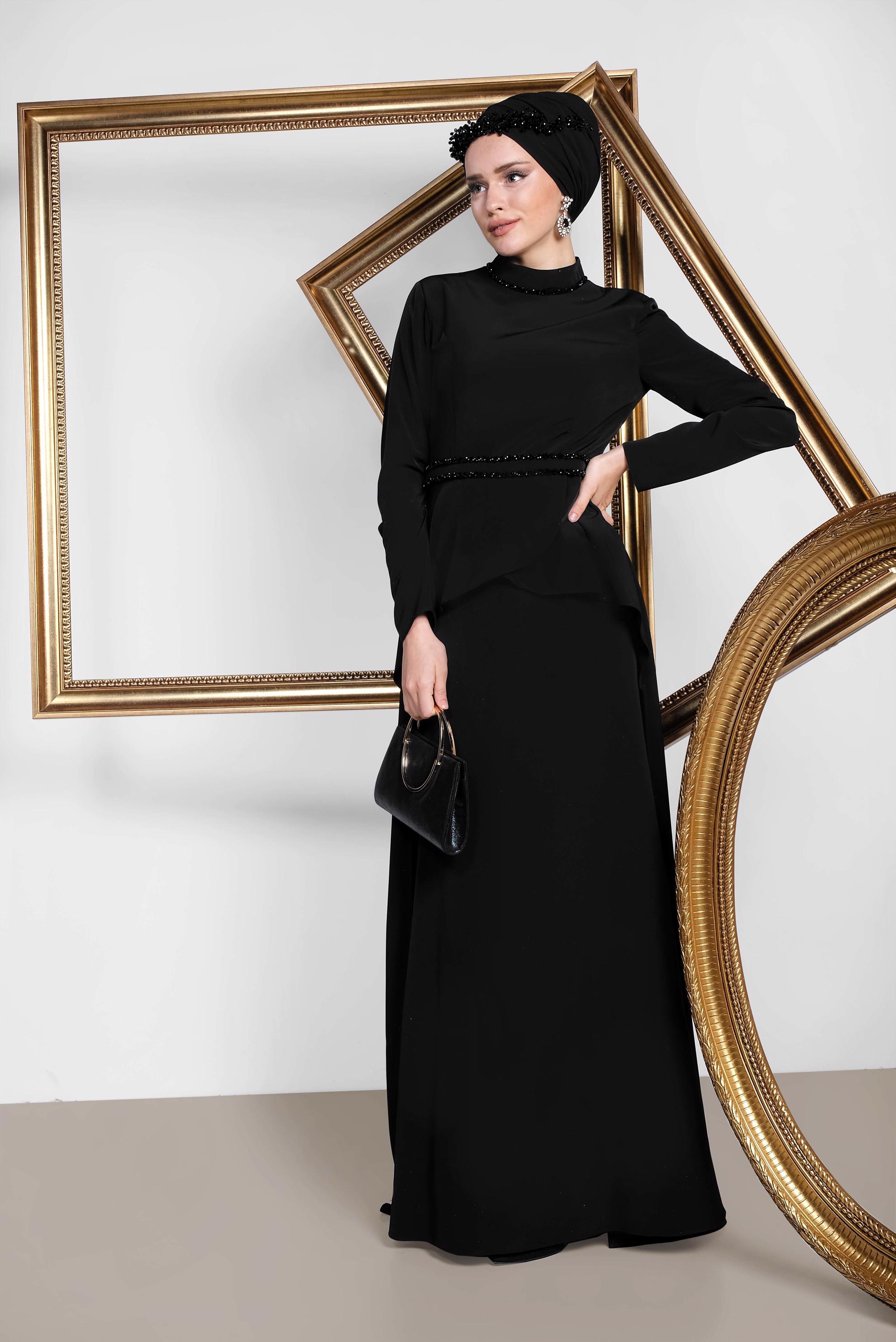 Tesettür giyim SİYAH KUYRUKLU ABİYE ELBİSE 5564