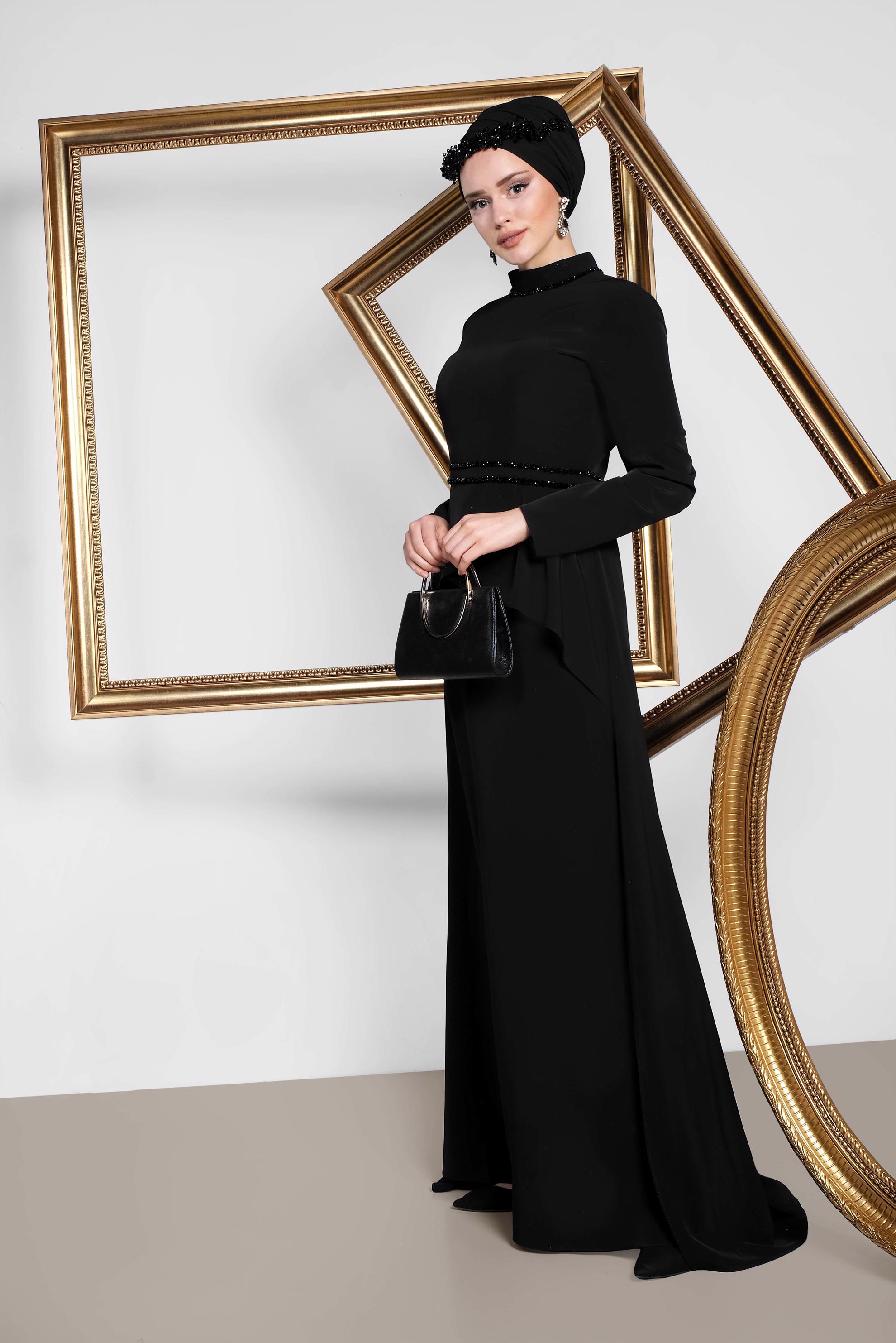 Tesettür giyim SİYAH KUYRUKLU ABİYE ELBİSE 5564