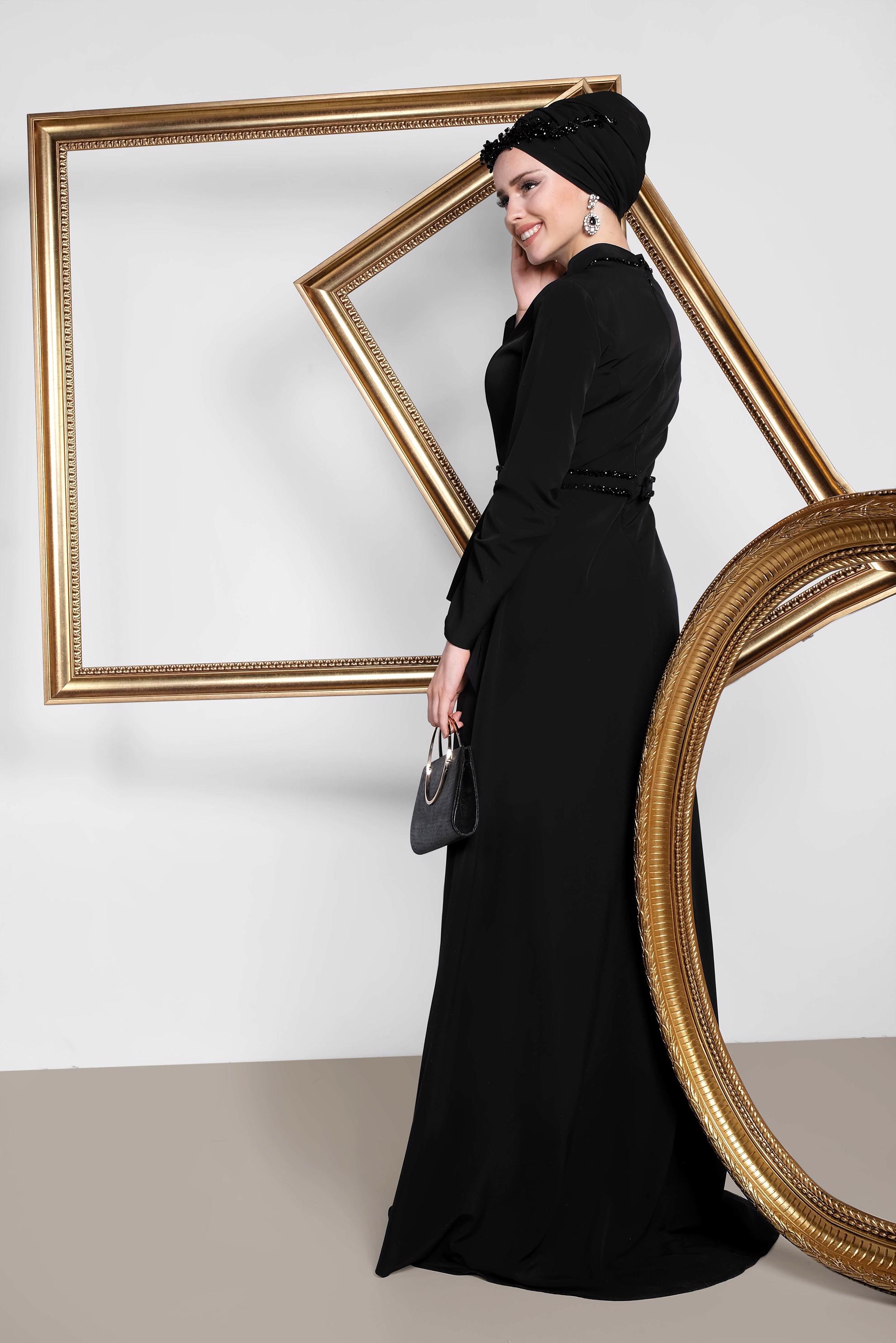 Tesettür giyim SİYAH KUYRUKLU ABİYE ELBİSE 5564