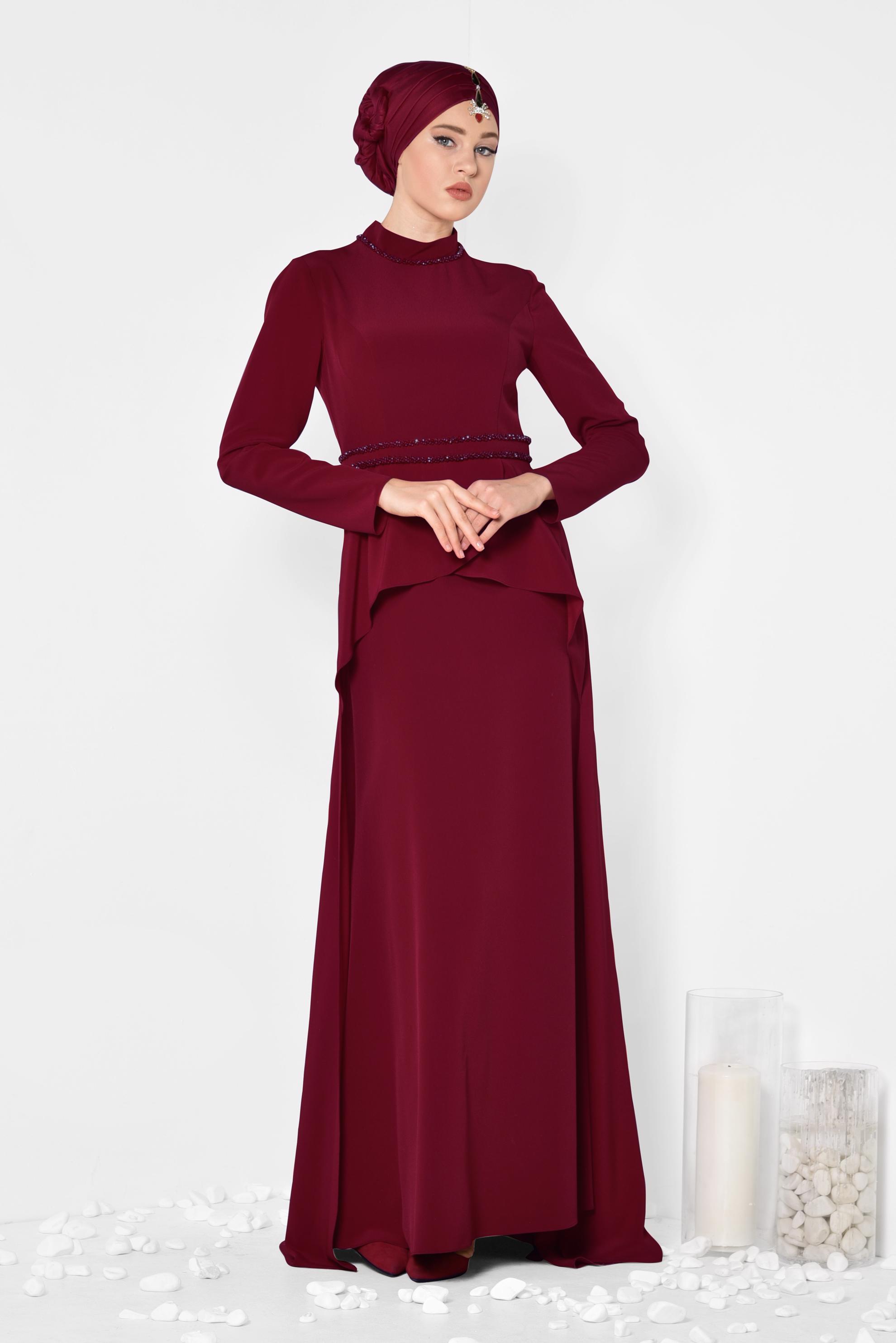 Tesettür giyim BORDO KUYRUKLU ABİYE ELBİSE 5564