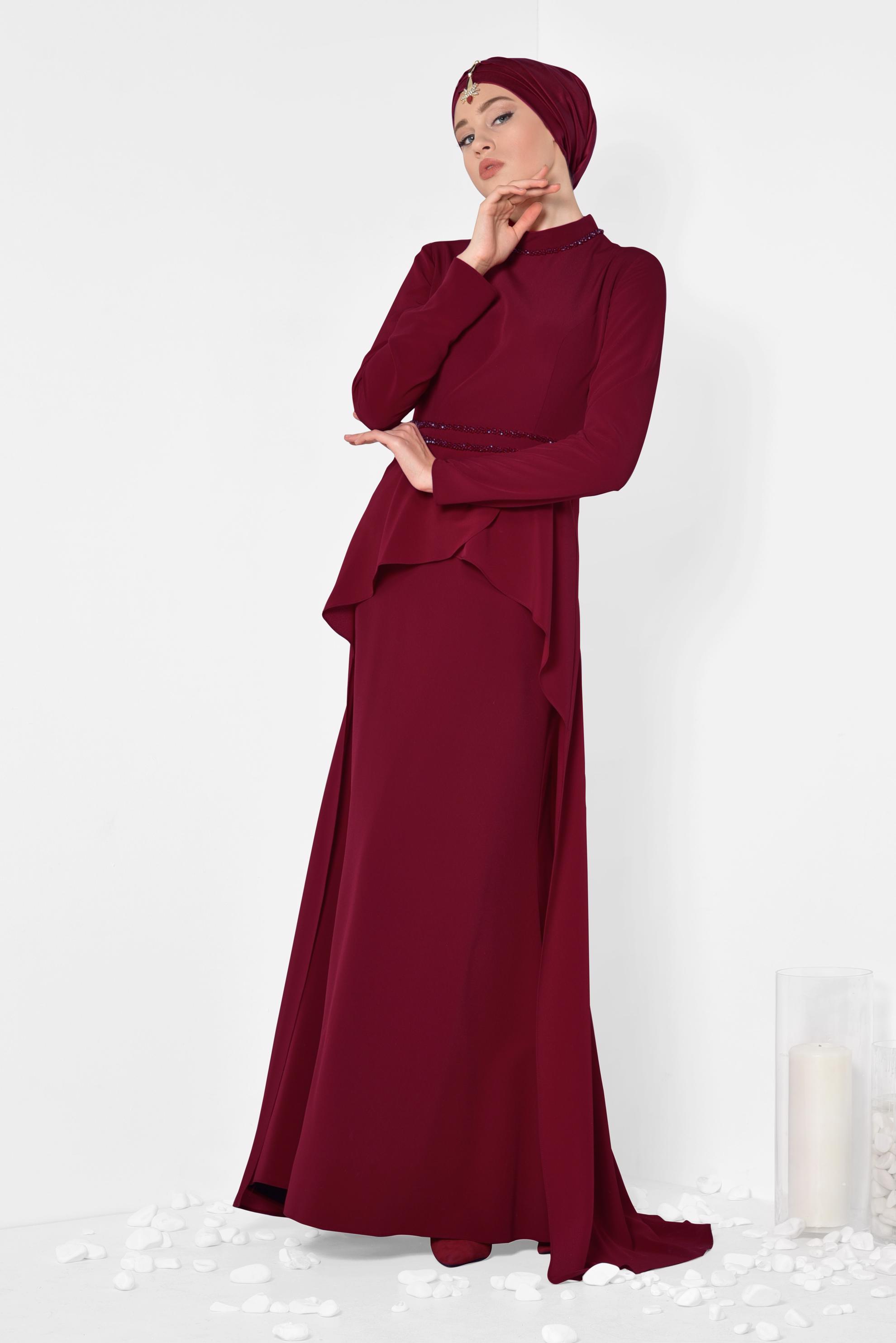 Tesettür giyim BORDO KUYRUKLU ABİYE ELBİSE 5564