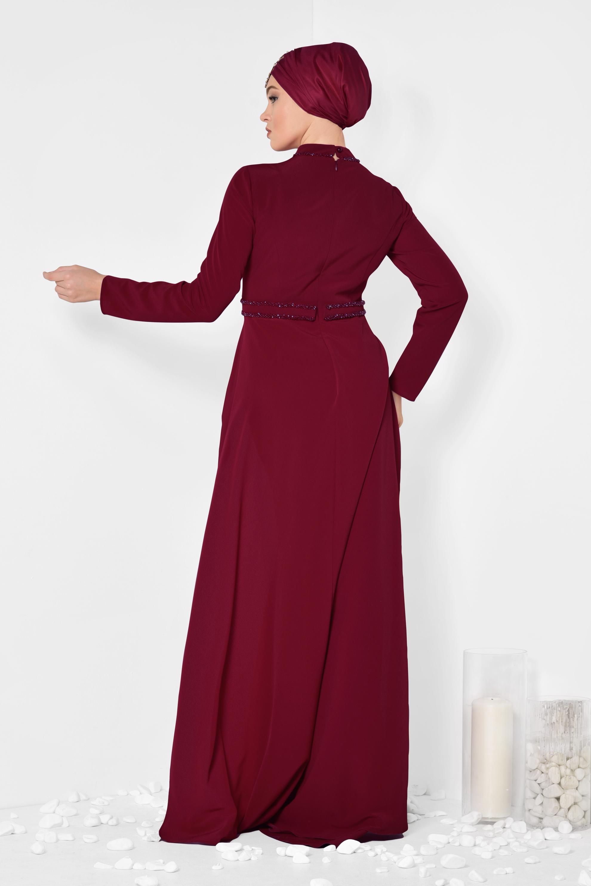 Tesettür giyim BORDO KUYRUKLU ABİYE ELBİSE 5564