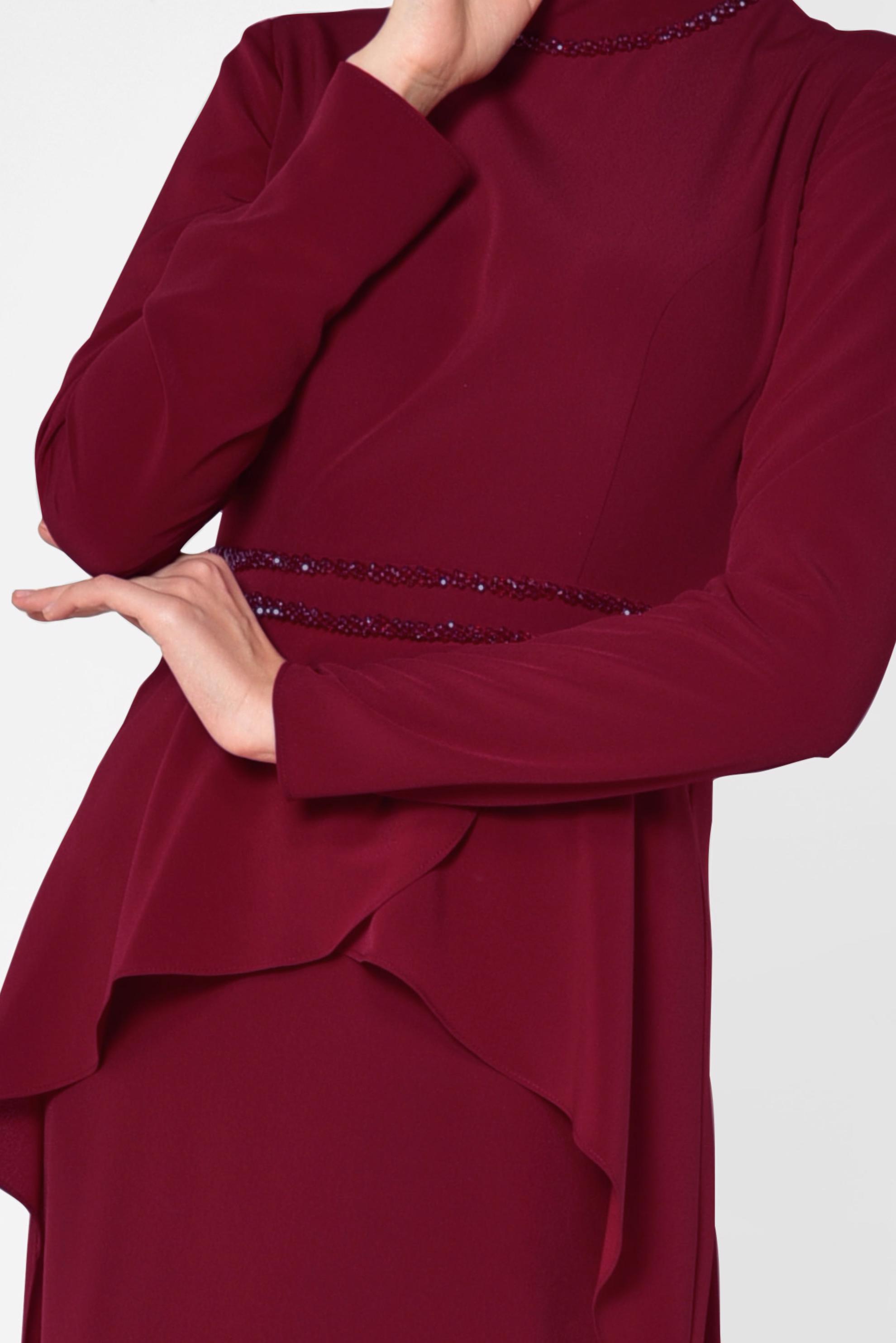 Tesettür giyim BORDO KUYRUKLU ABİYE ELBİSE 5564