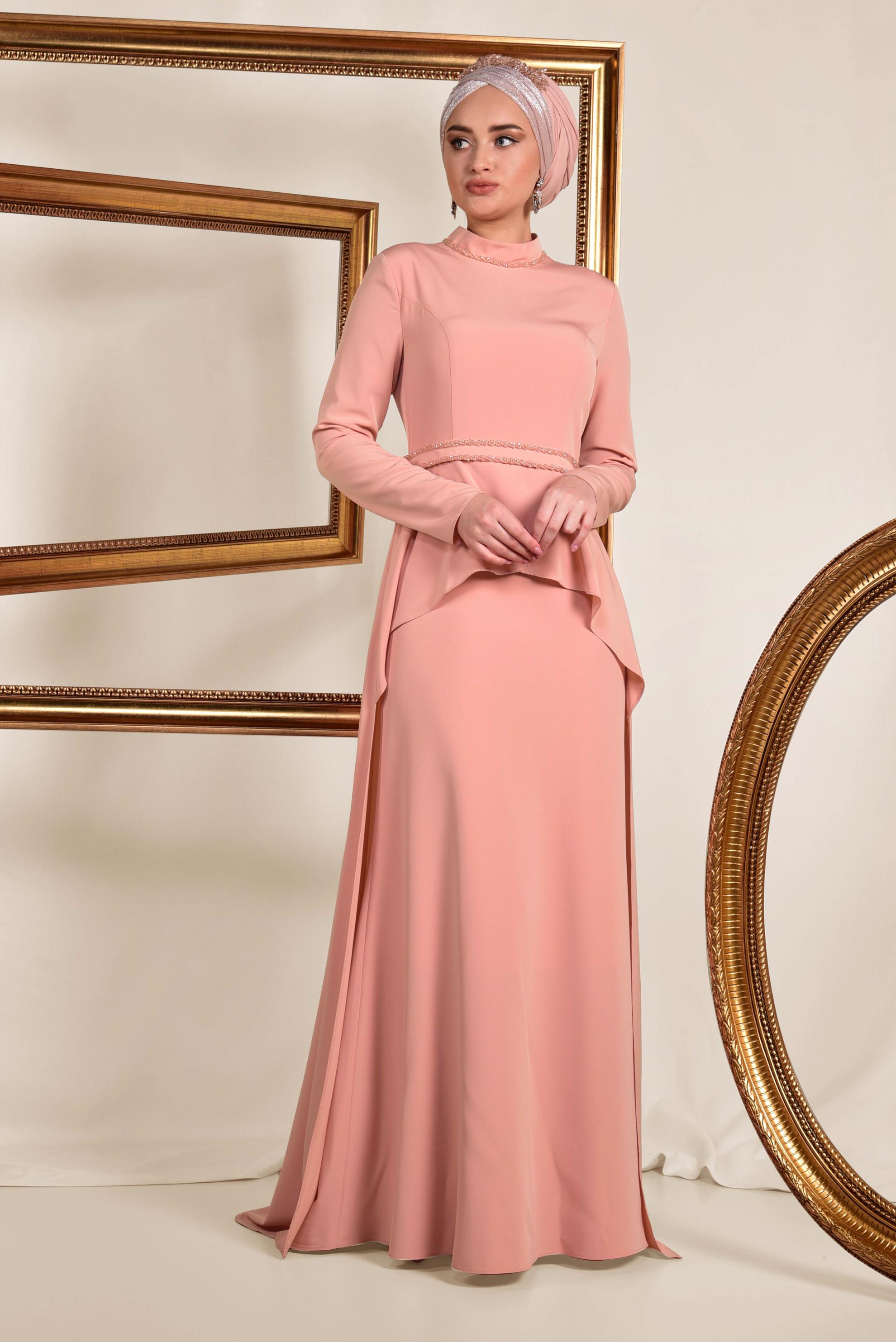 Tesettür giyim PUDRA KUYRUKLU ABİYE ELBİSE 5564