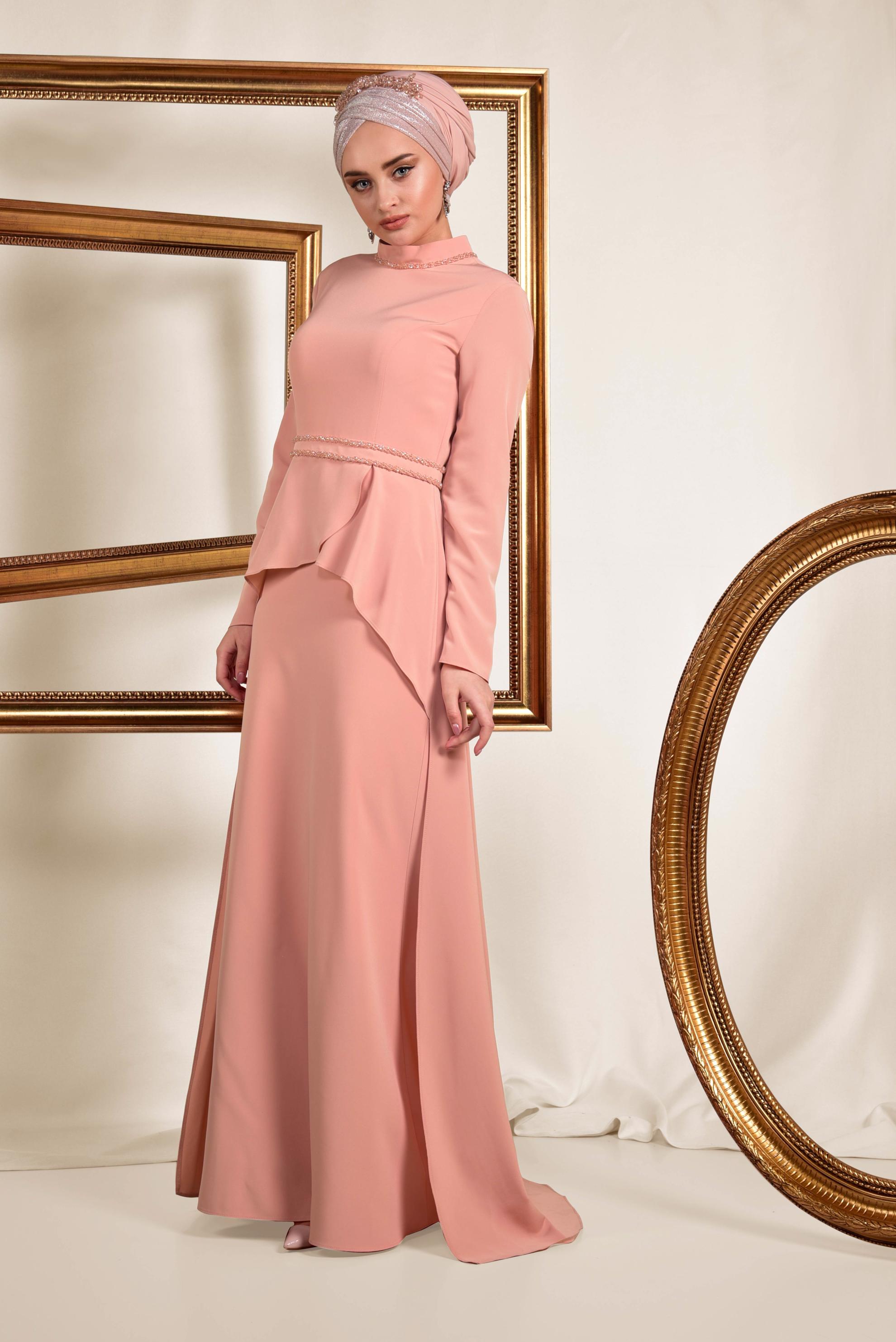 Tesettür giyim PUDRA KUYRUKLU ABİYE ELBİSE 5564