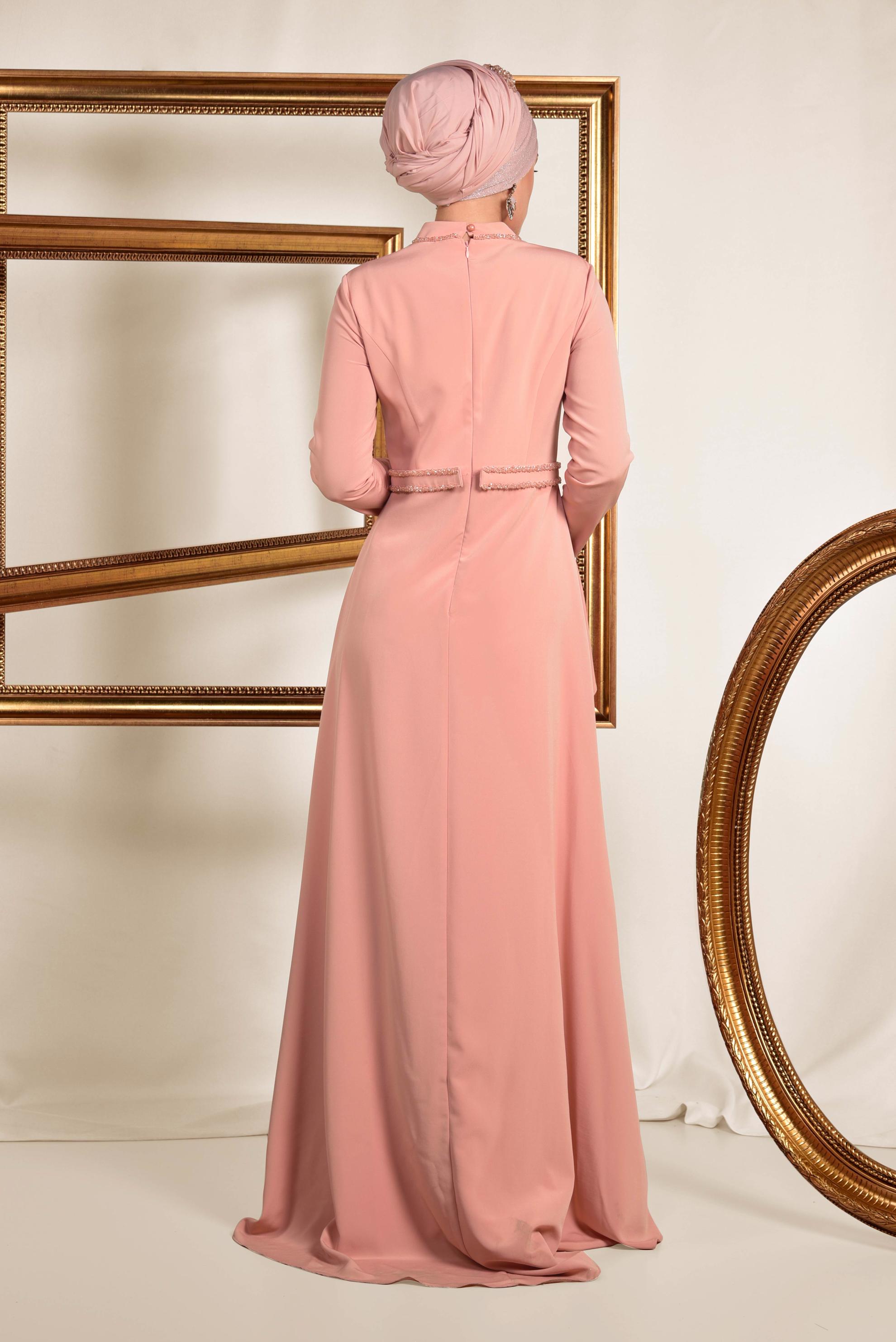 Tesettür giyim PUDRA KUYRUKLU ABİYE ELBİSE 5564